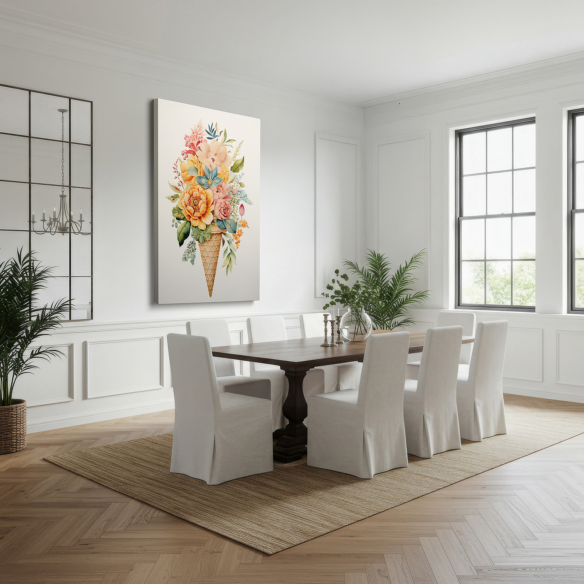 Lighting brings out layered depth in the print’s surface grain — whimsical ice cream cone canvas wall art featuring a vibrant floral array, perfect for office, bedroom, or home decor