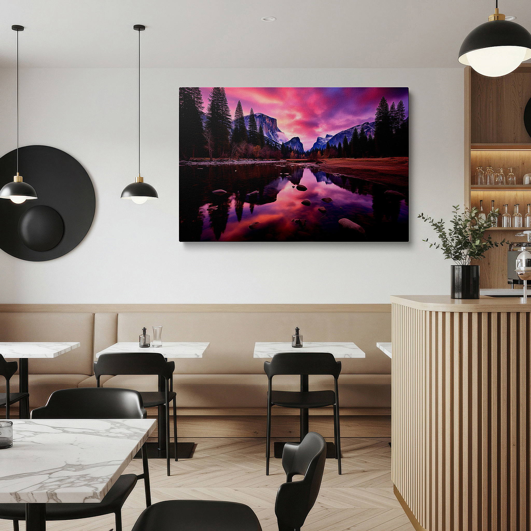 Lighting brings out layered depth in the print’s surface grain — yosemite valley twilight: majestic peaks and serene waters large canvas wall art for office and bedroom decor