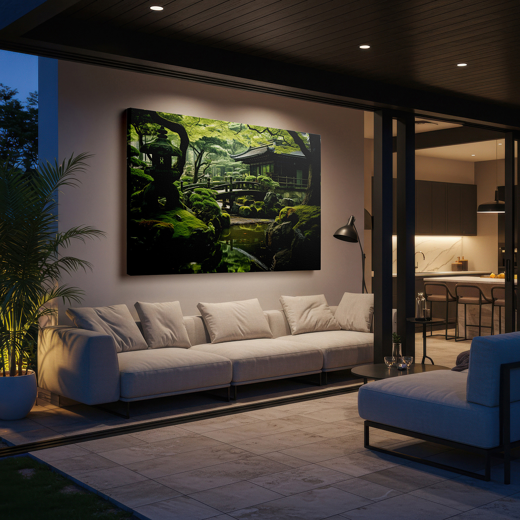 Lighting brings out layered depth in the print’s surface grain — zen garden canvas wall art featuring a serene wooden bridge over calm waters, ideal for office or bedroom decor