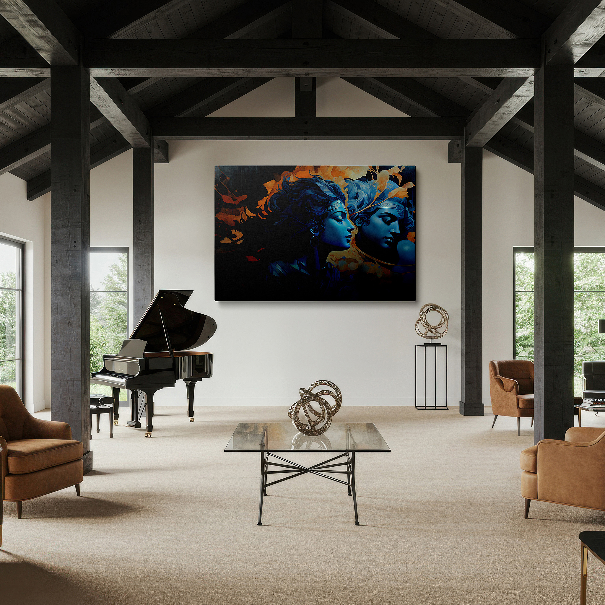 Mounted in a loft-style interior with exposed brick walls — abstract enchantment: woman in blue - exploring introspection and duality, large canvas wall art for office and bedroom decor