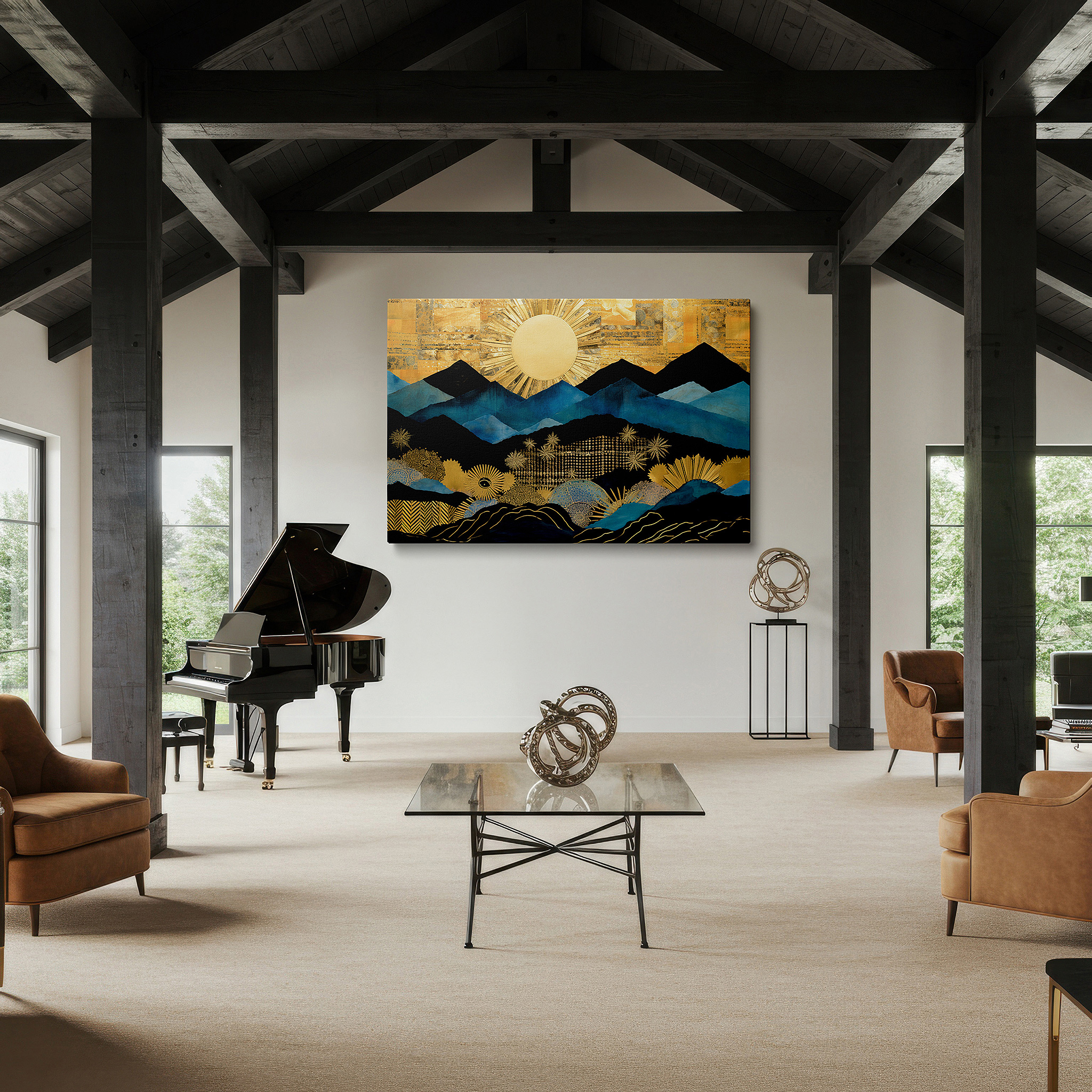 Mounted in a loft-style interior with exposed brick walls — abstract mountain landscapes in blue and gold tones, large canvas wall art for office and bedroom decor