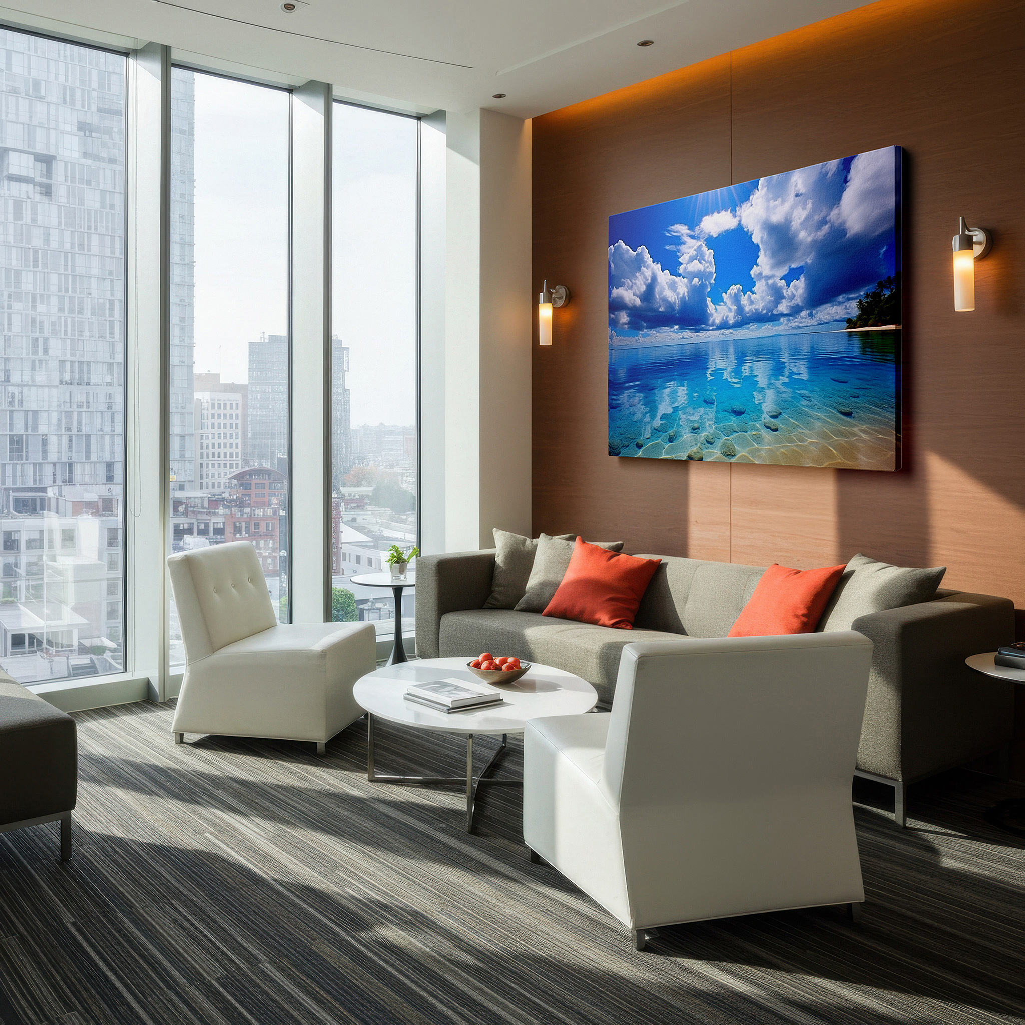 Mounted in a loft-style interior with exposed brick walls — abstract ocean waves in vibrant blues: symbolizing renewal and infinite opportunities - large wall art, canvas wall art, wall decor for office