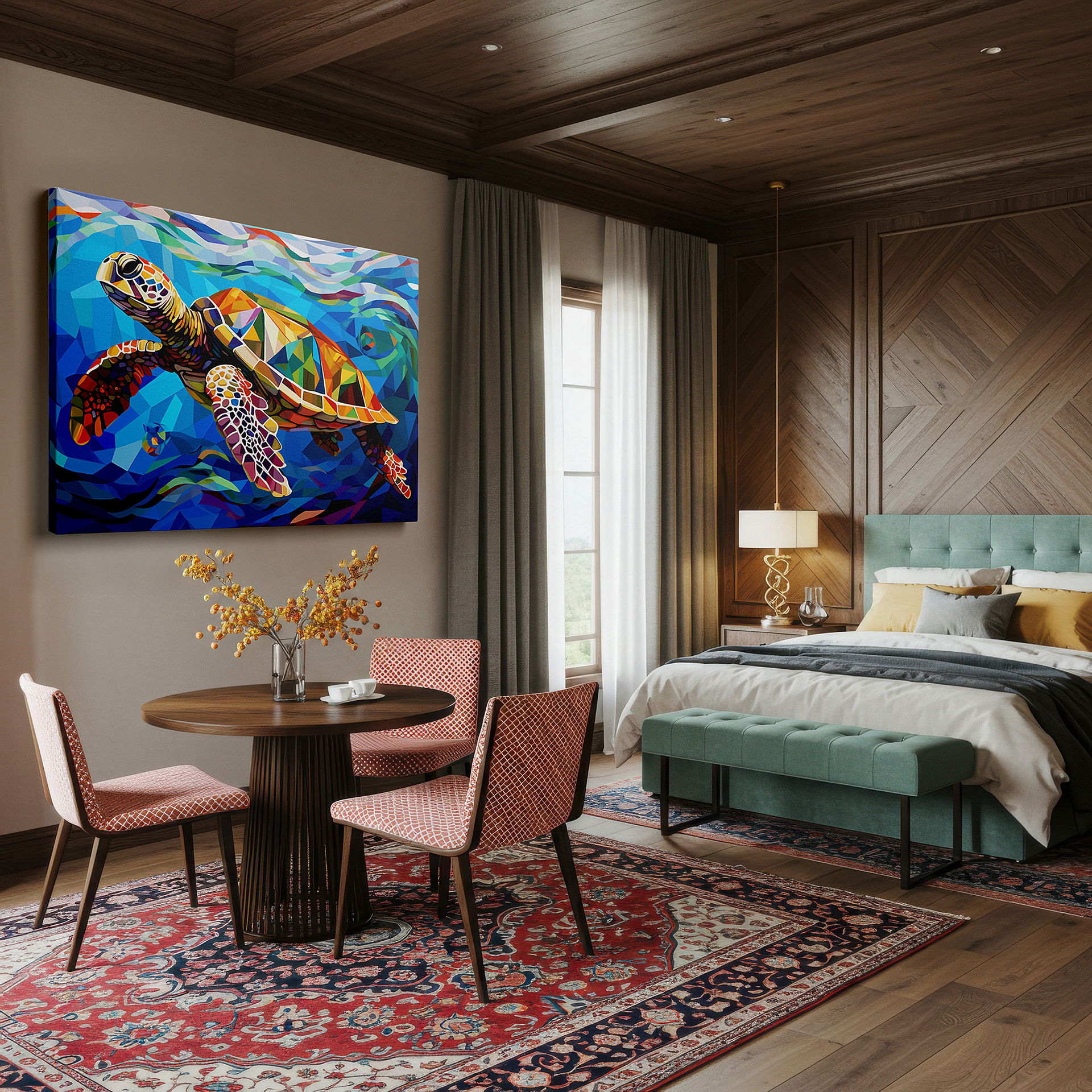Mounted in a loft-style interior with exposed brick walls — abstract sea turtle odyssey in ocean depths: a colorful homage to marine life and conservation - large canvas wall art for office decor
