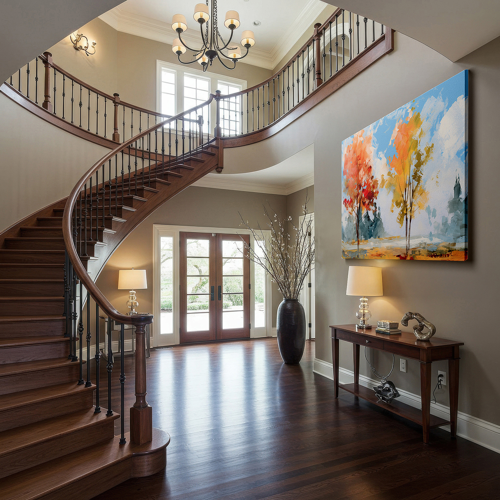 Mounted in a loft-style interior with exposed brick walls — autumn's dance beneath a brilliant sky - vibrant reds and oranges clash with bold blues large wall art, canvas wall art, wall decor, office wall art