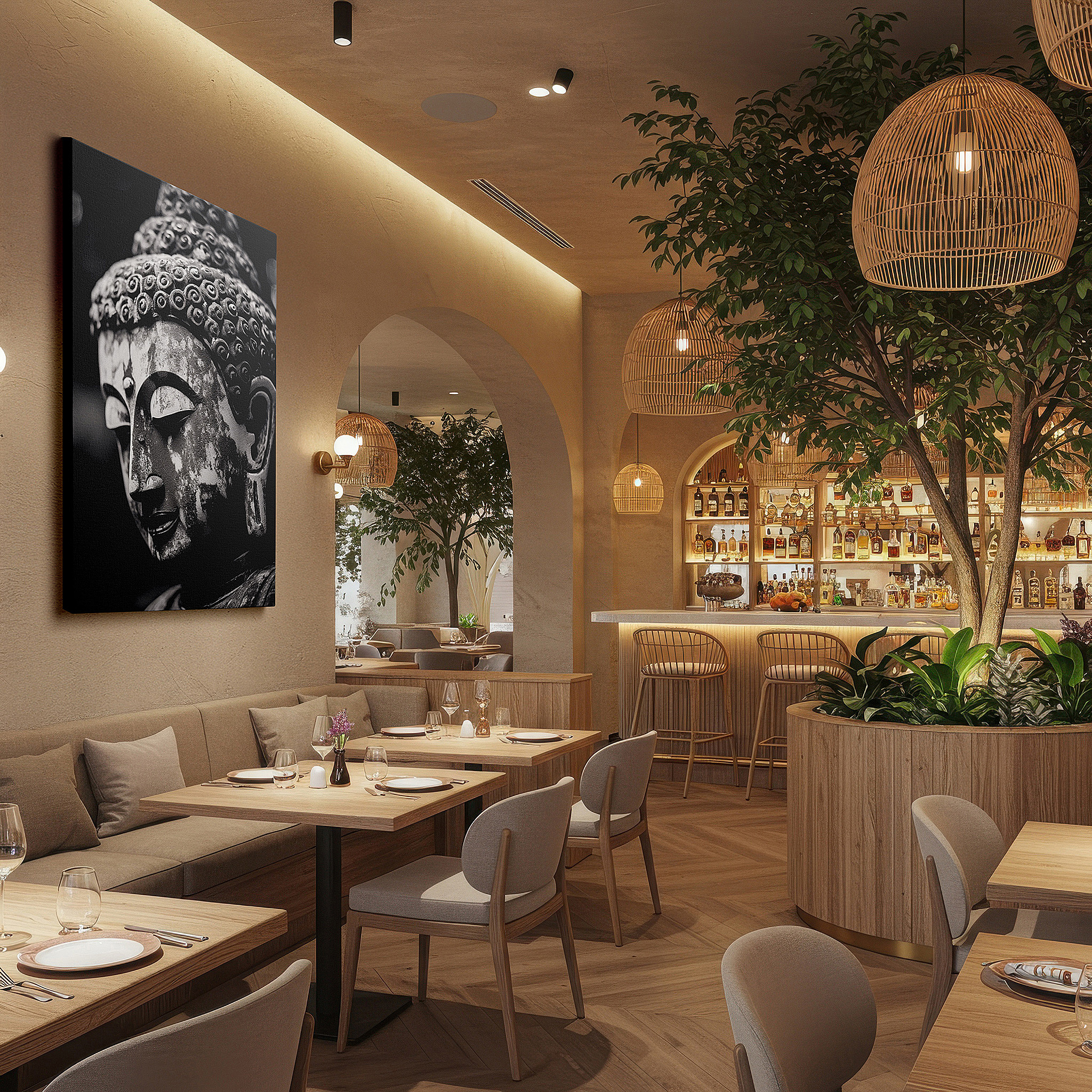 Mounted in a loft-style interior with exposed brick walls — black and white buddha portrait wall art: explore spiritual depth and serene beauty with large canvas decor for home and office
