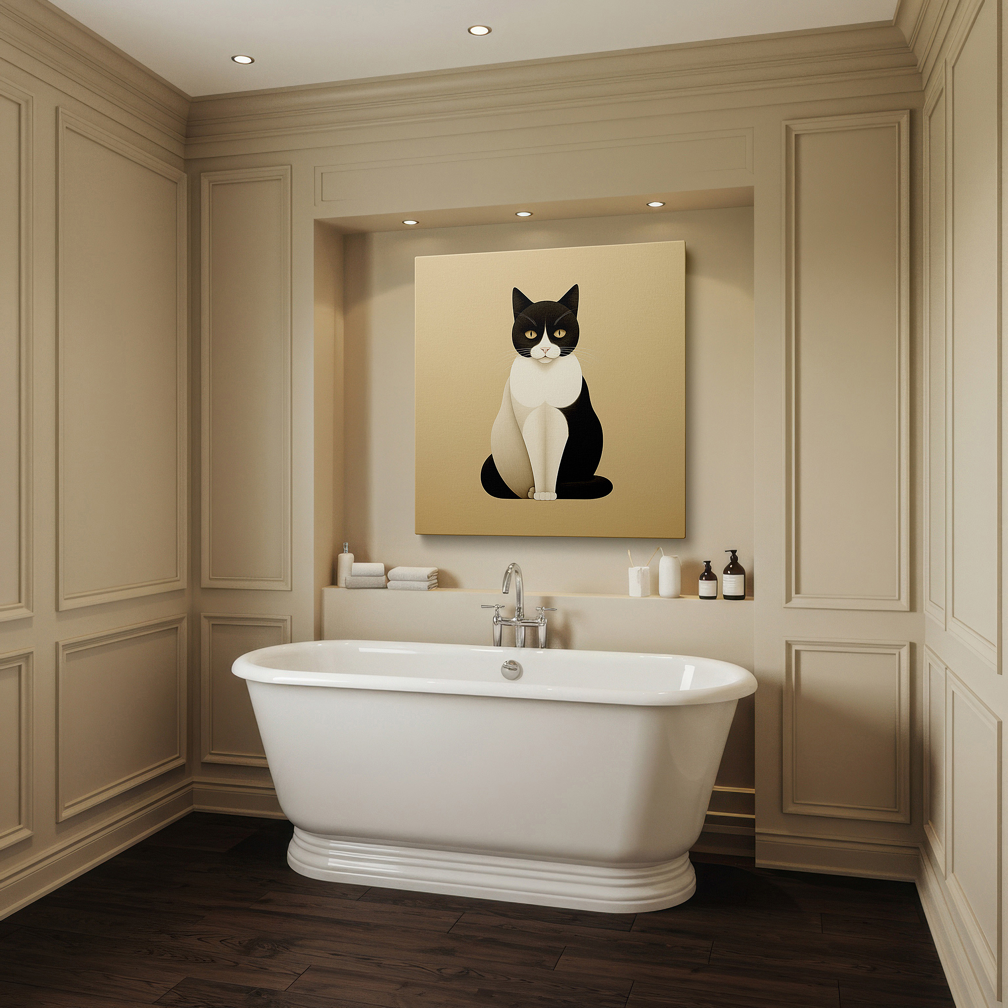 Mounted in a loft-style interior with exposed brick walls — black and white elegance - graceful and sophisticated stylized cat large wall art, canvas wall art, wall decor for office and bedroom