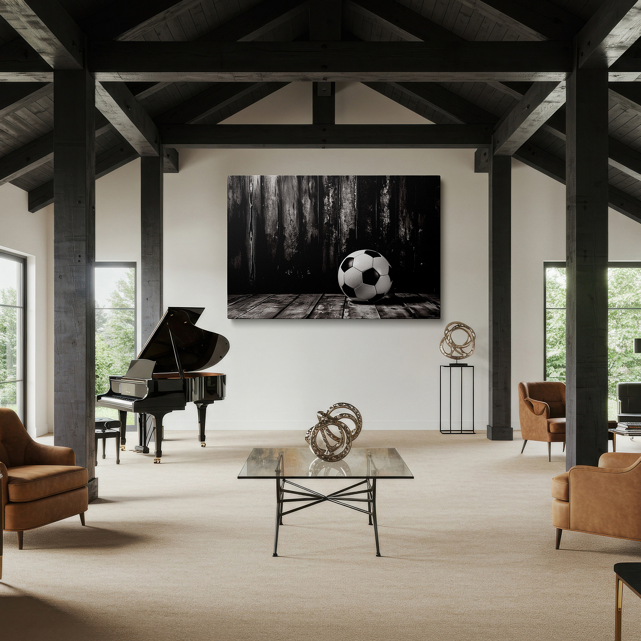 Mounted in a loft-style interior with exposed brick walls — black and white soccer ball on rustic wooden floor - timeless tribute to the beautiful game, large canvas wall art for office decor