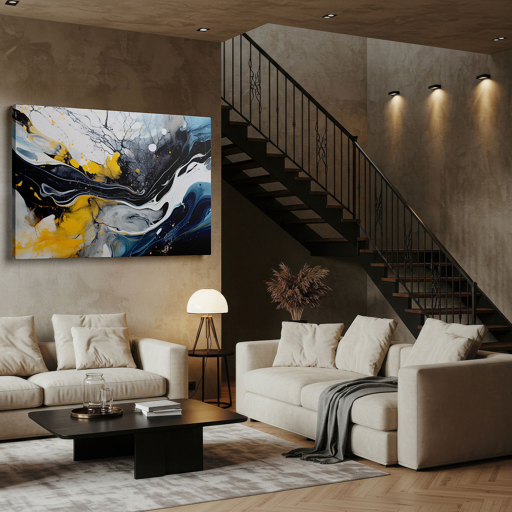 Mounted in a loft-style interior with exposed brick walls — black and yellow swirls on a serene blue and white background large canvas wall art, wall decor for office and bedroom