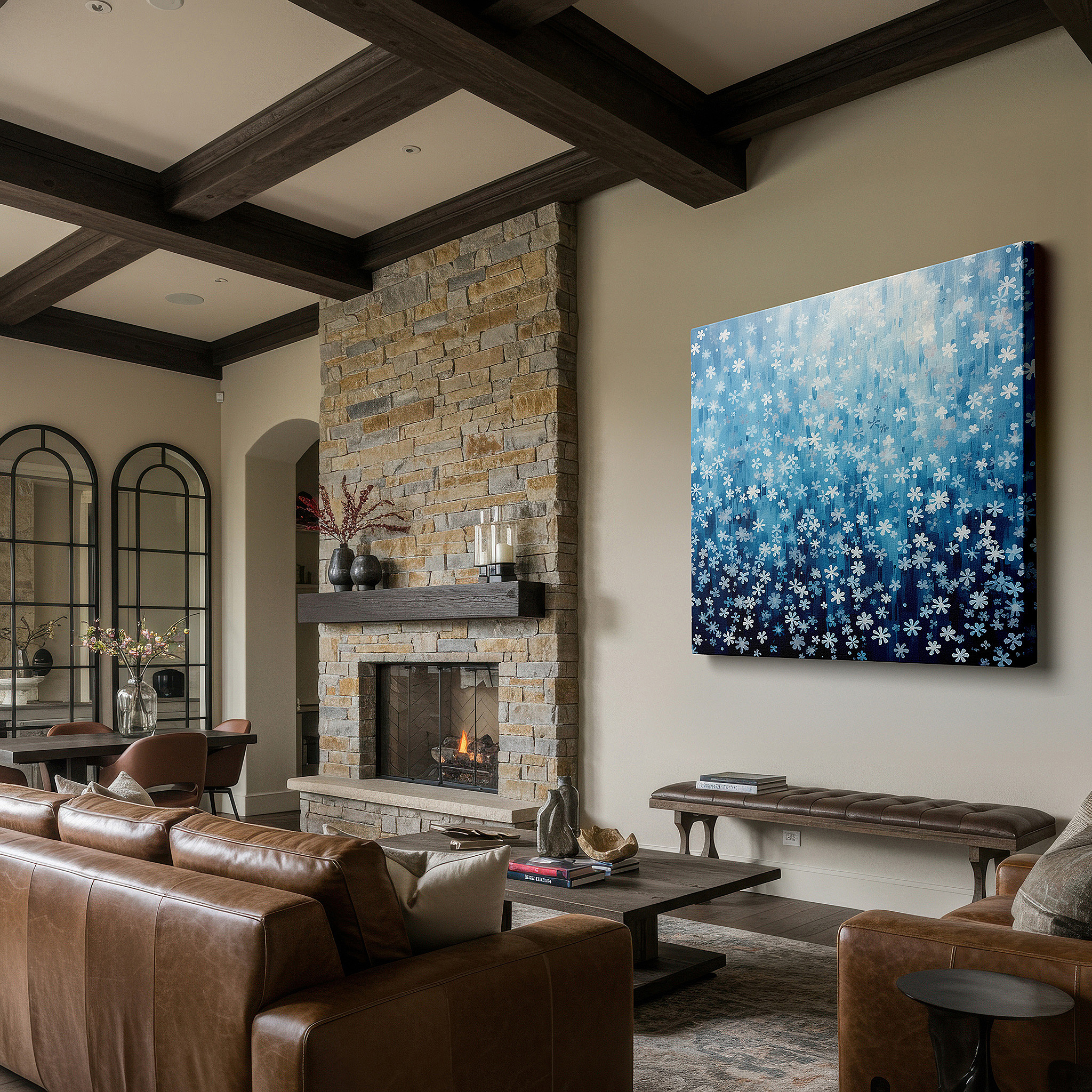 Mounted in a loft-style interior with exposed brick walls — blue ethereal flowers on textured canvas, serene nature harmony large wall art, canvas wall decor for office