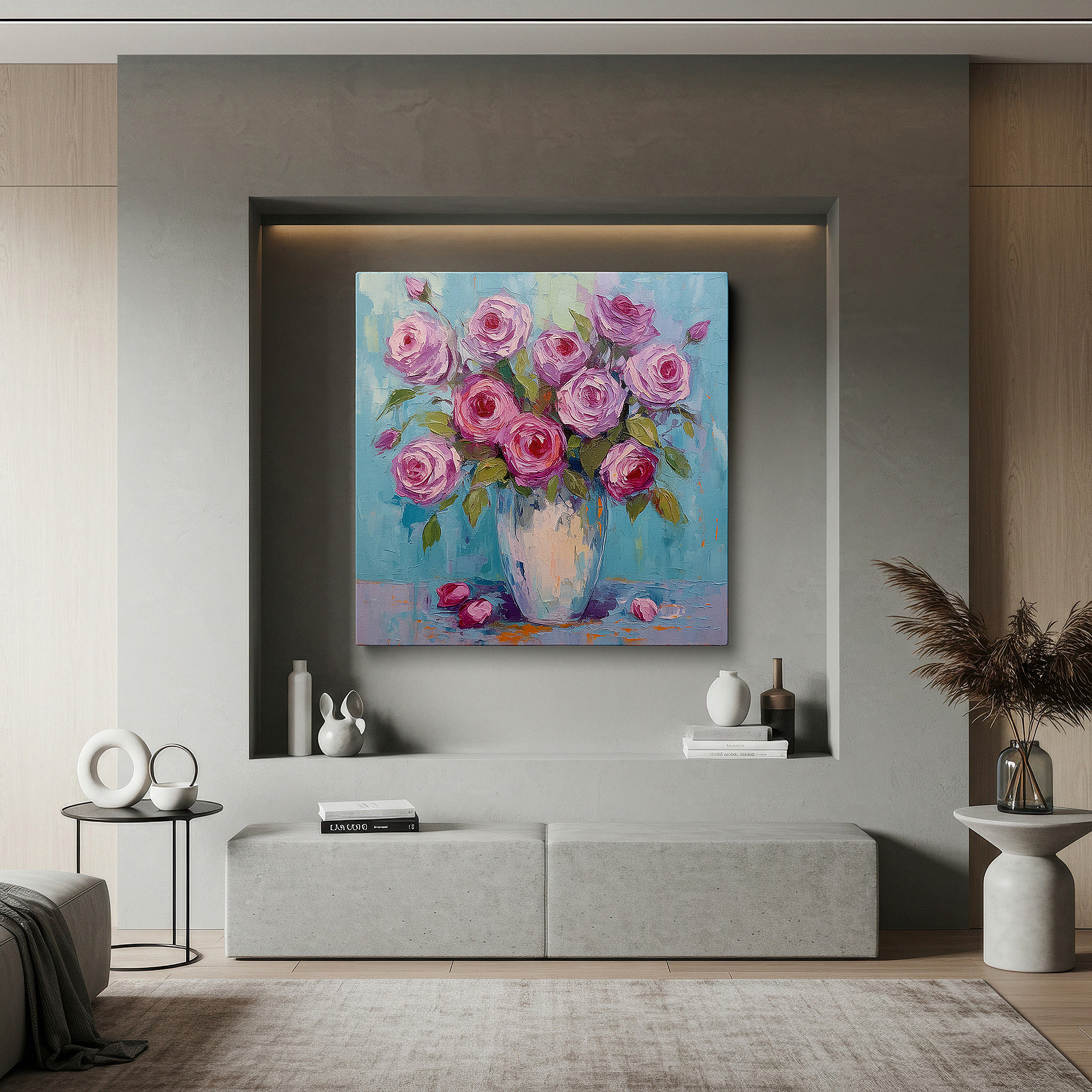 Mounted in a loft-style interior with exposed brick walls — blush pink roses in serene blue large canvas wall art for office, bedroom, and living room decor