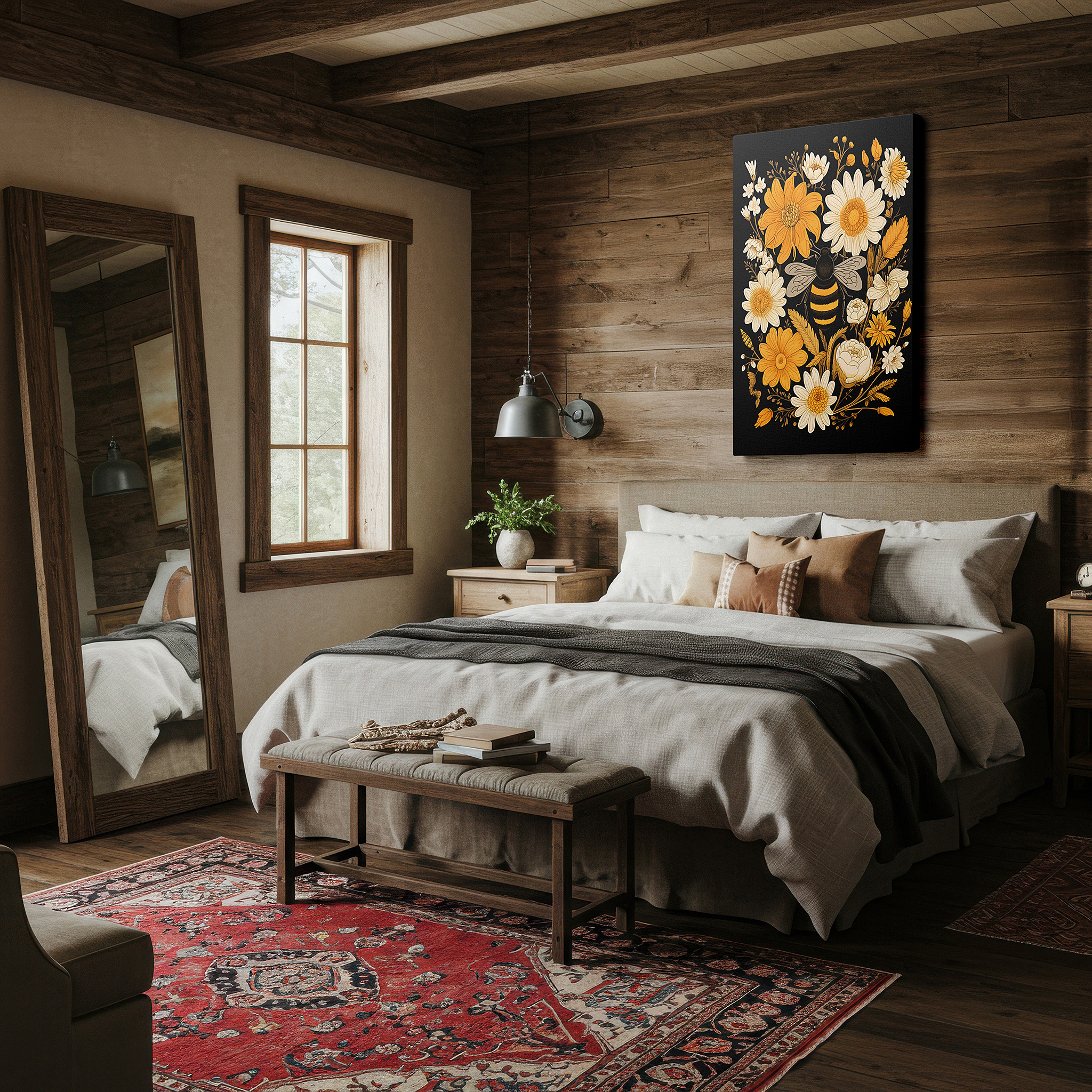 Mounted in a loft-style interior with exposed brick walls — bright yellow flowers and essential bees: a display of nature's fragile harmony - large wall art, canvas wall art, wall decor for office