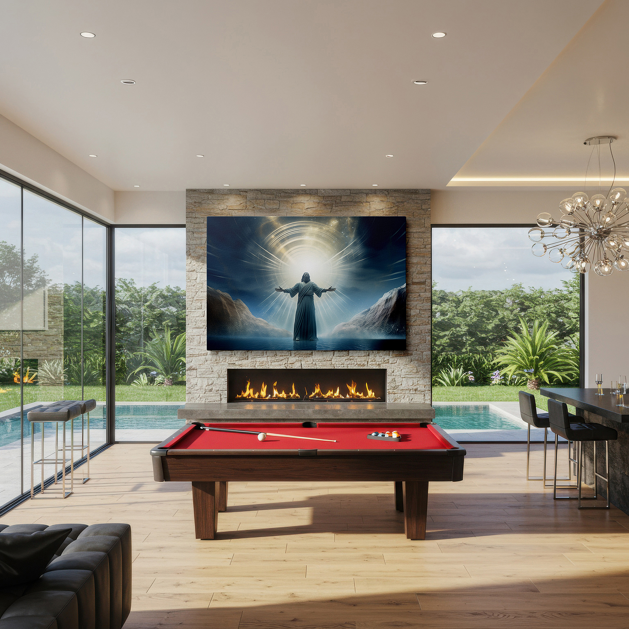 Mounted in a loft-style interior with exposed brick walls — celestial light and divine peace in the embrace of jesus christ: large canvas wall art for home and office decor