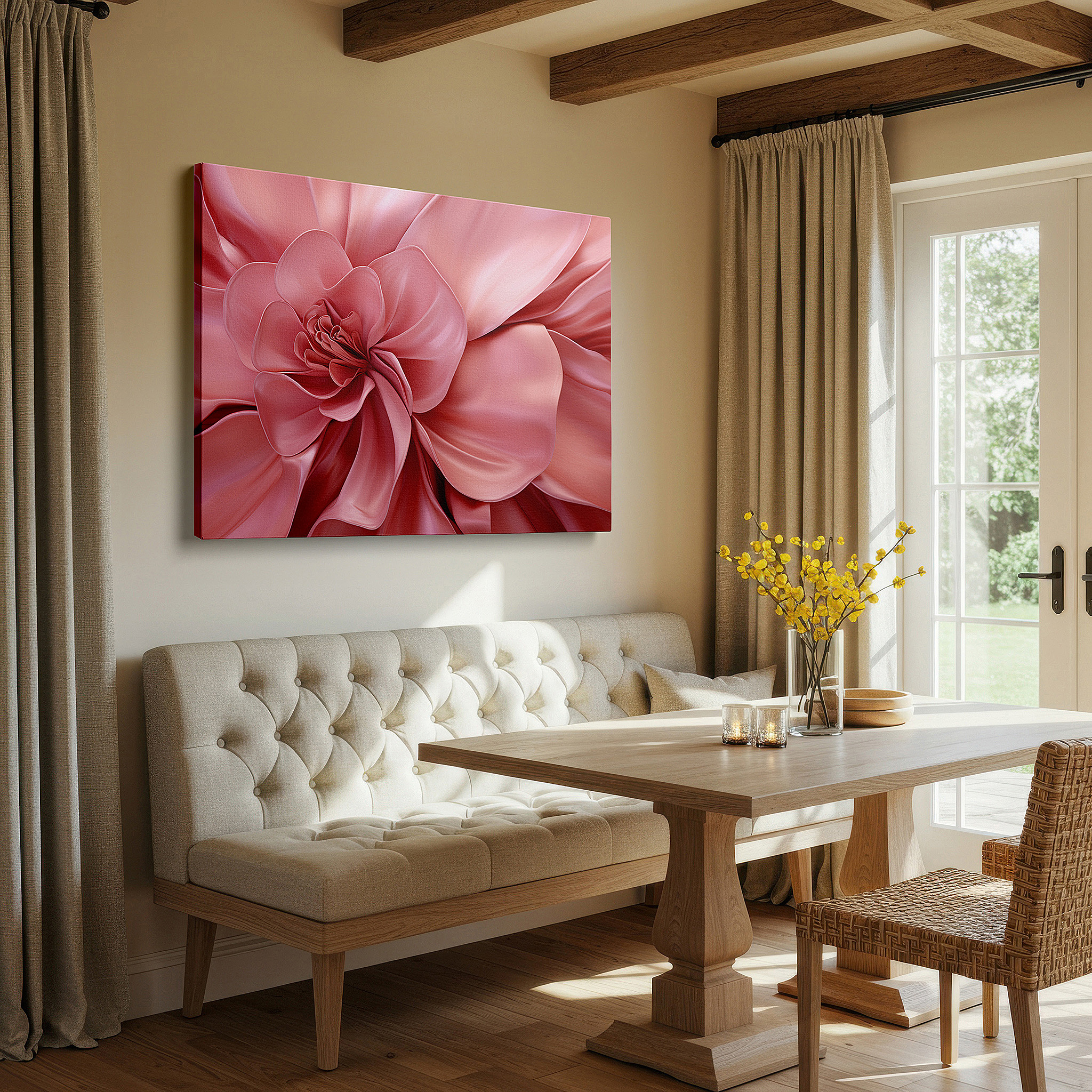 Mounted in a loft-style interior with exposed brick walls — close-up of ethereal pink petals: tranquil floral elegance, large canvas wall art for office and bedroom decor