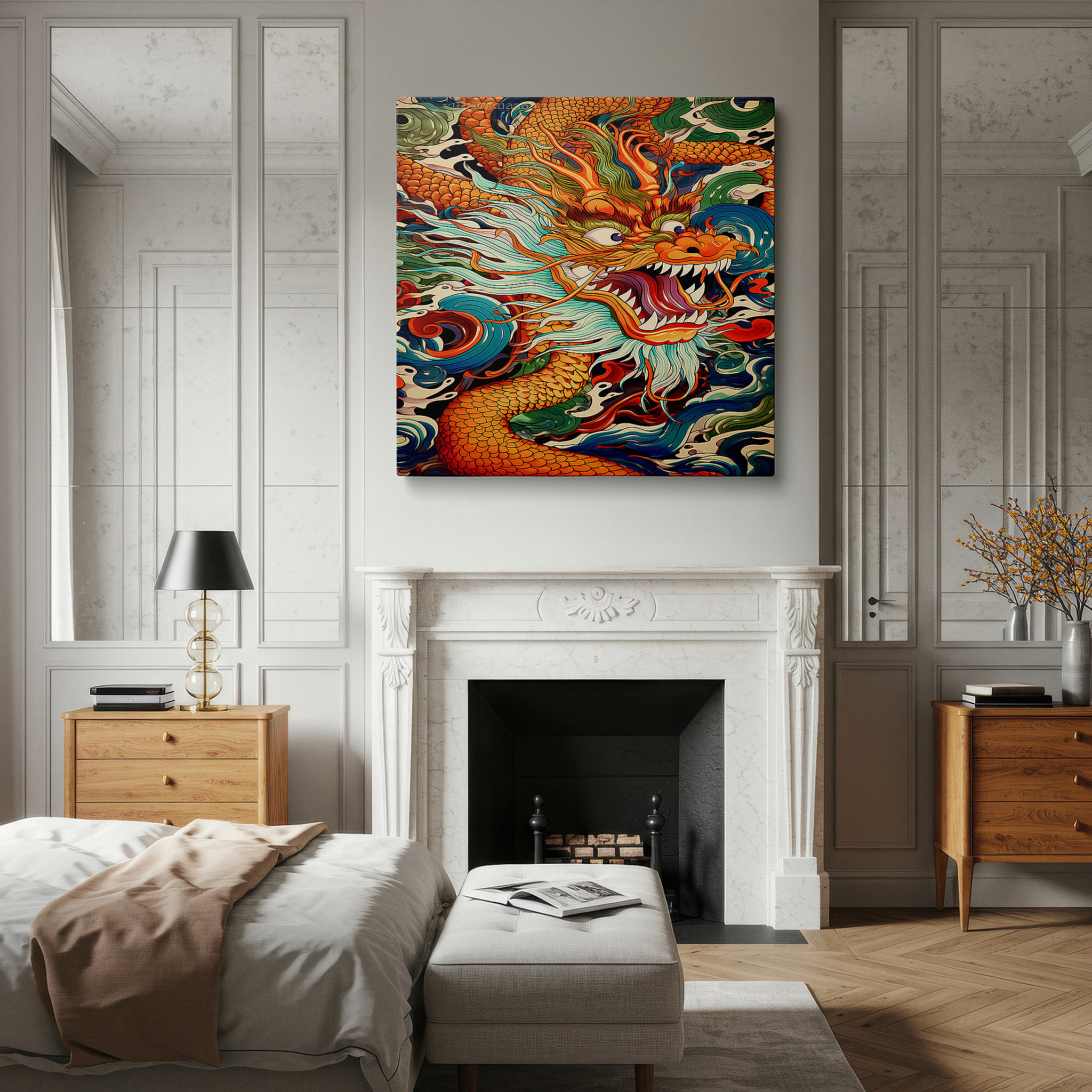Mounted in a loft-style interior with exposed brick walls — dragon amidst dynamic waves: a vivid expression of myth and power - large canvas wall art for office and bedroom decor