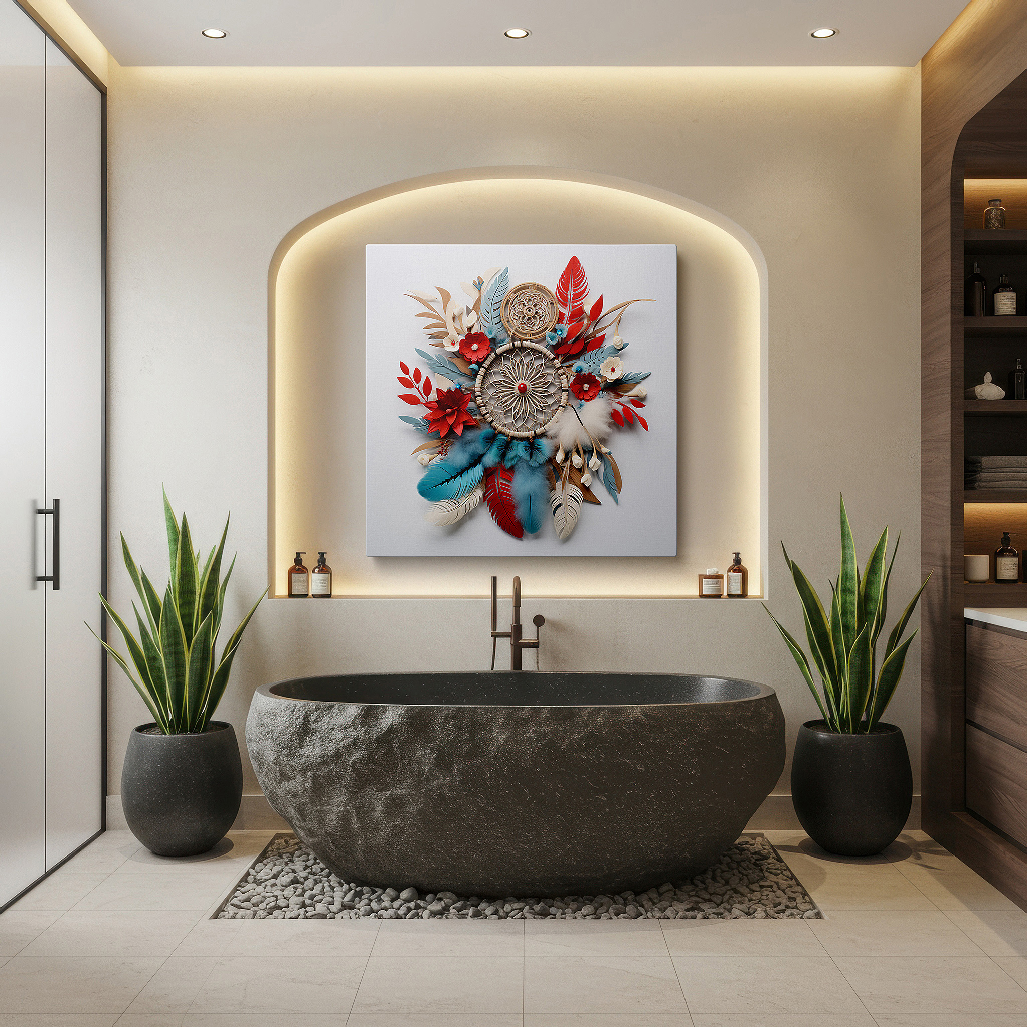 Mounted in a loft-style interior with exposed brick walls — dreamcatcher with blooming flowers and delicate feathers: a symbol of peace and spiritual connection - large canvas wall art decor