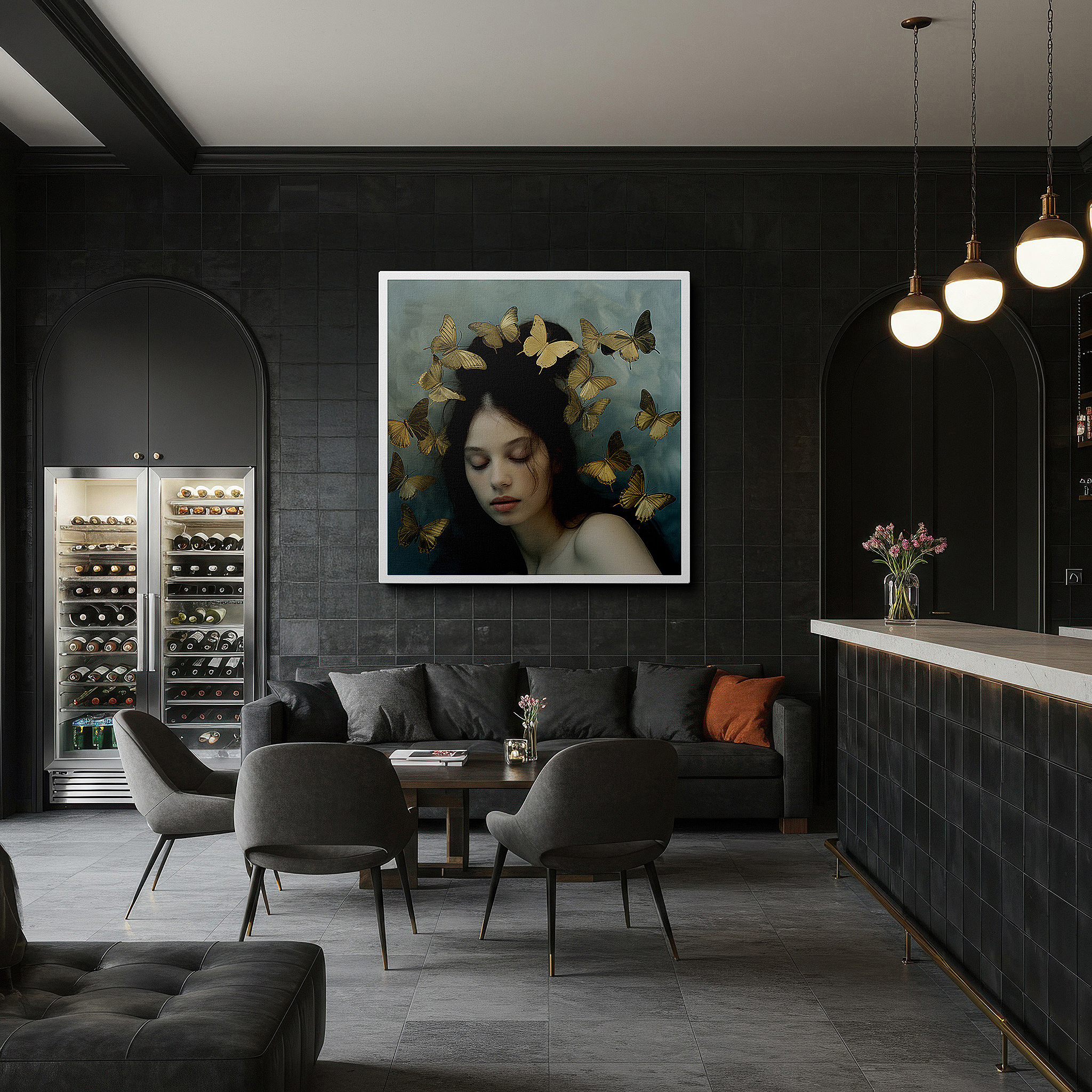 Mounted in a loft-style interior with exposed brick walls — dreamlike slumber amid golden butterflies: tranquil nature scene - large wall art, canvas wall art, wall decor for office