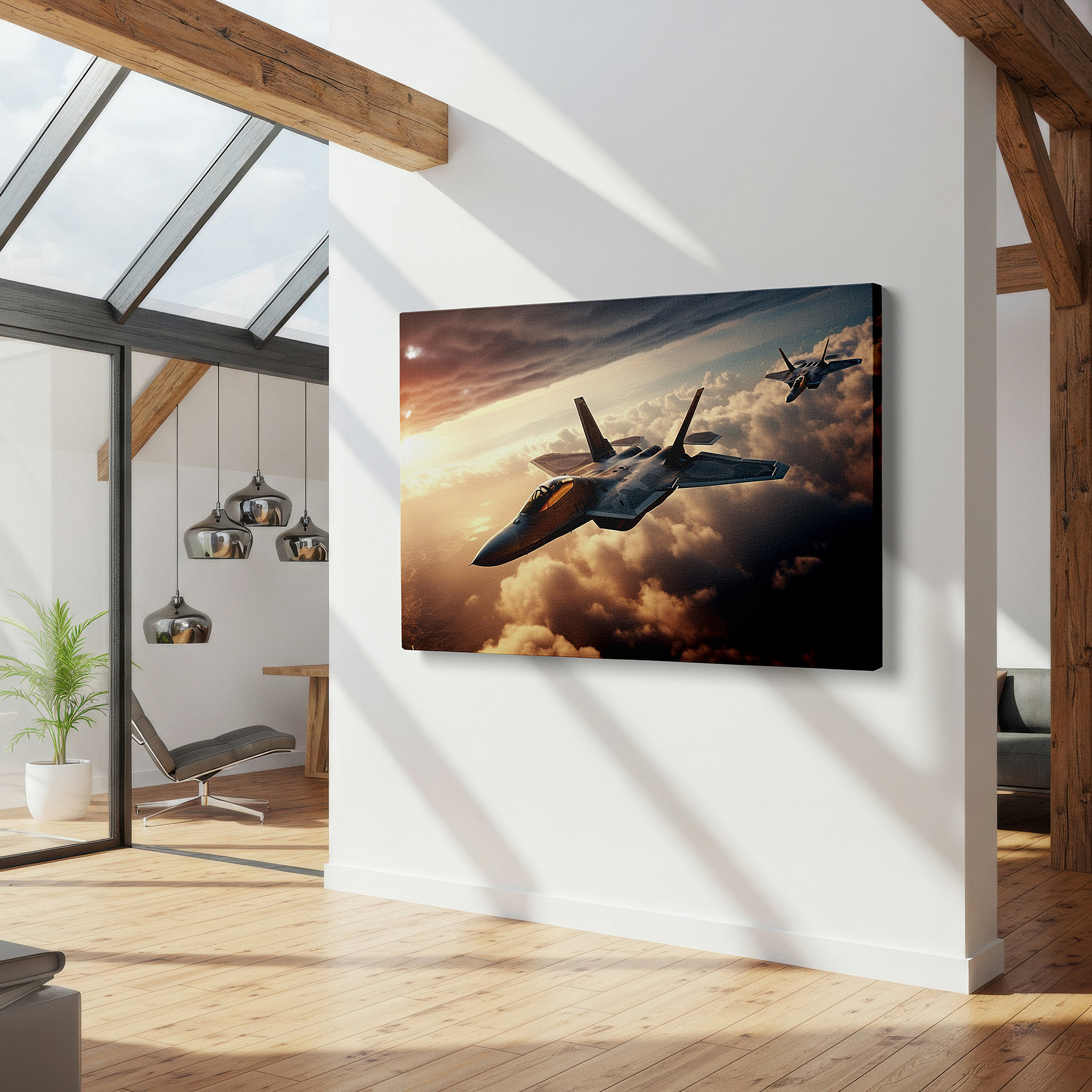 Mounted in a loft-style interior with exposed brick walls — dynamic aviation mastery canvas art featuring jets against a sunset sky - ideal for office, bedroom, and living room decor