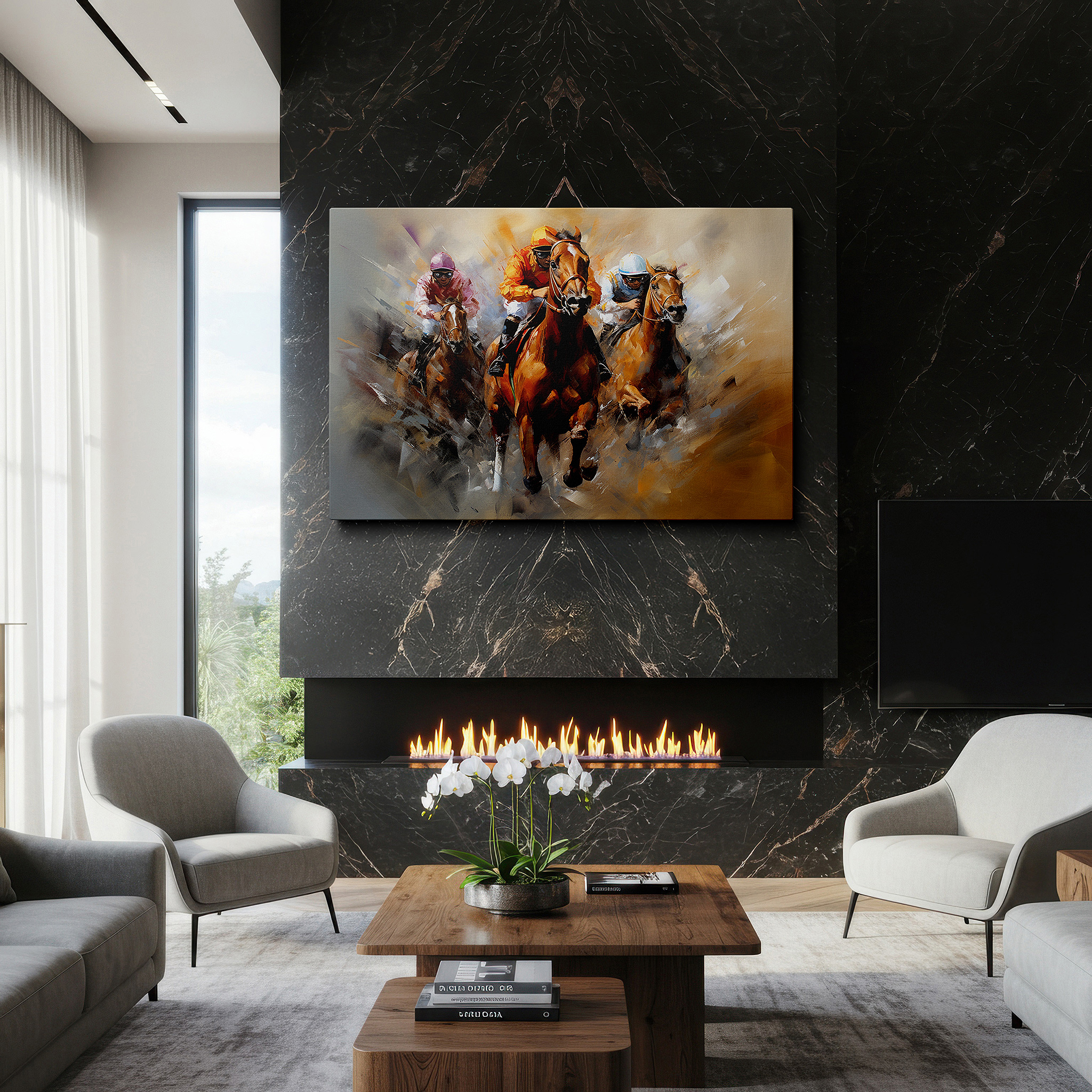 Mounted in a loft-style interior with exposed brick walls — dynamic horse racing canvas: showcasing competition and energy, ideal for office, living room, or bedroom decor