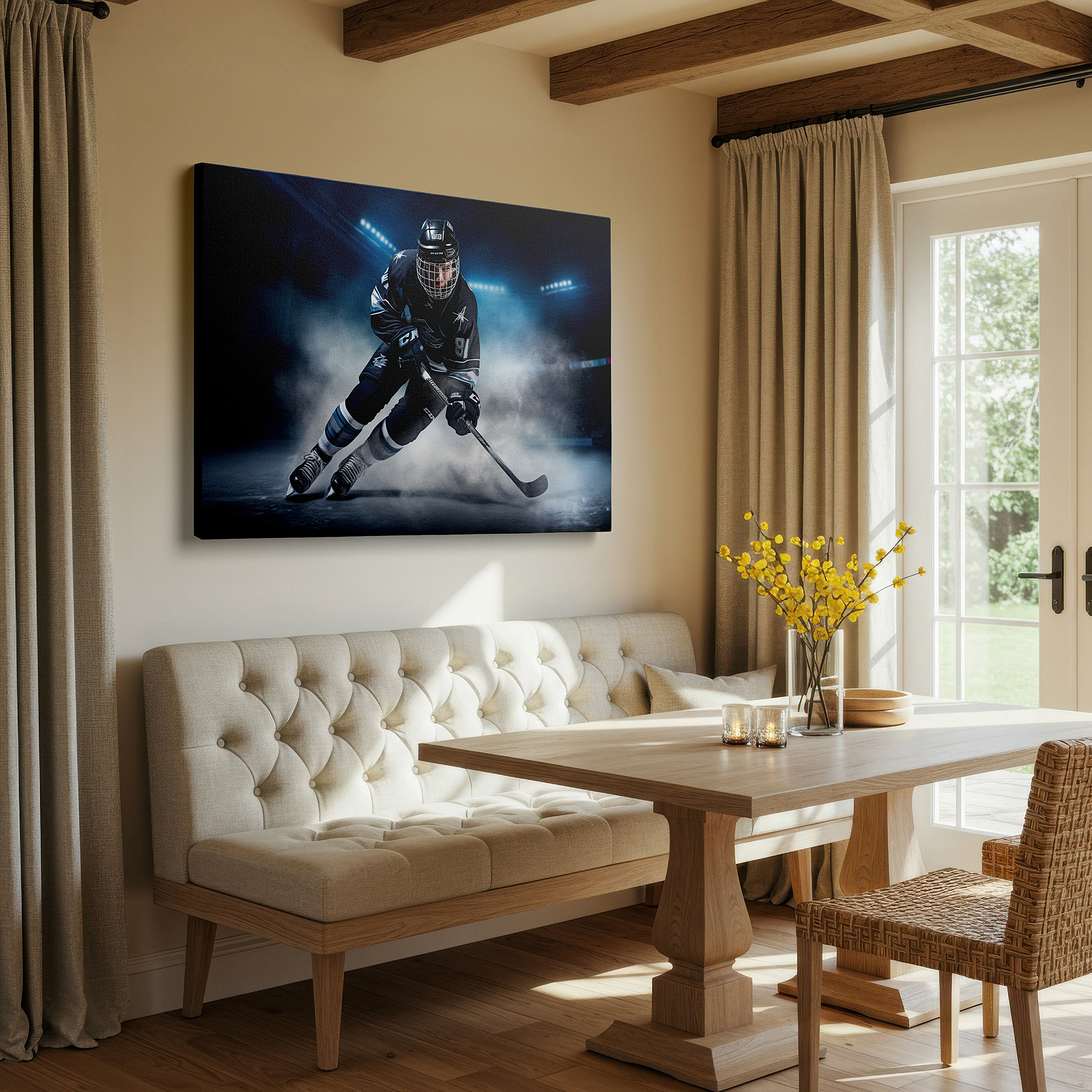 Mounted in a loft-style interior with exposed brick walls — dynamic ice hockey action large canvas wall art for office, bedroom, and living room decor
