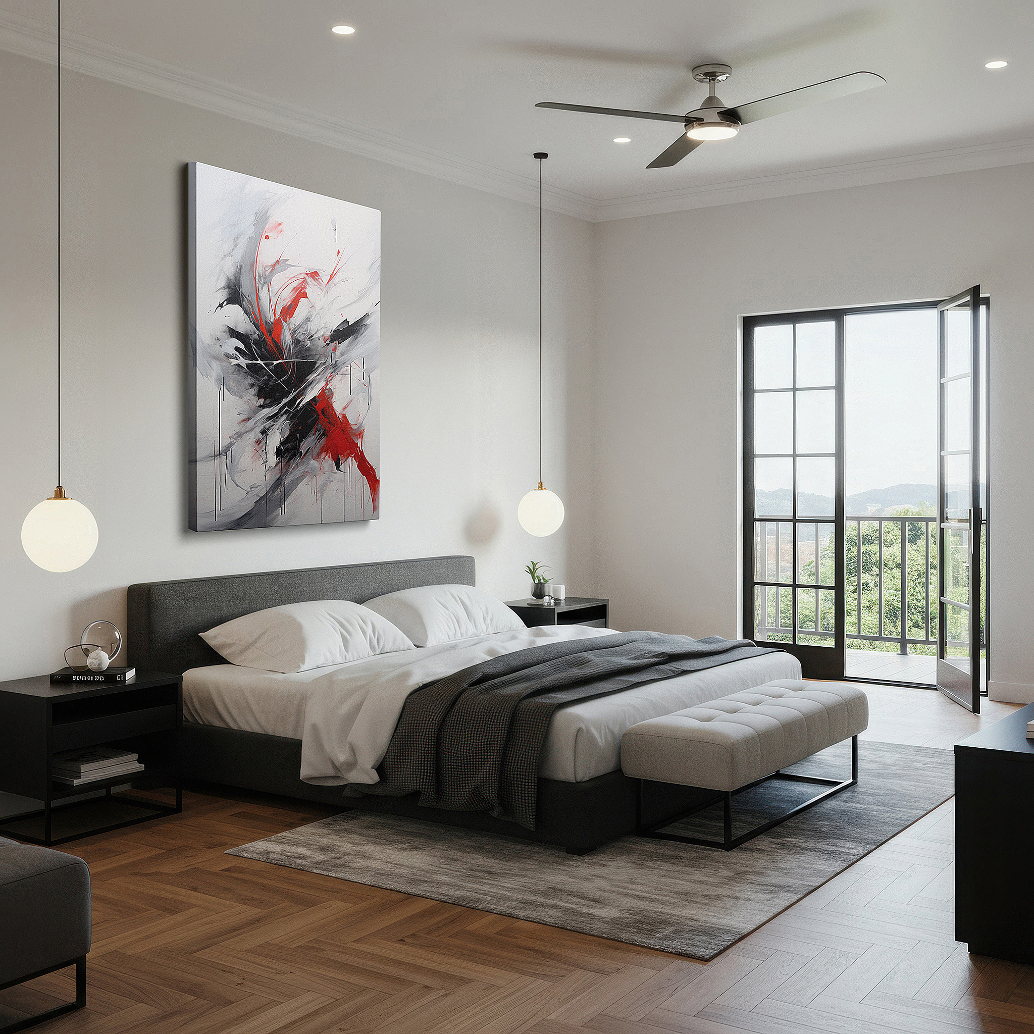 Mounted in a loft-style interior with exposed brick walls — dynamic tension in black, red, and white: a visual and emotional storm - large wall art, canvas wall art, wall decor for office and bedroom
