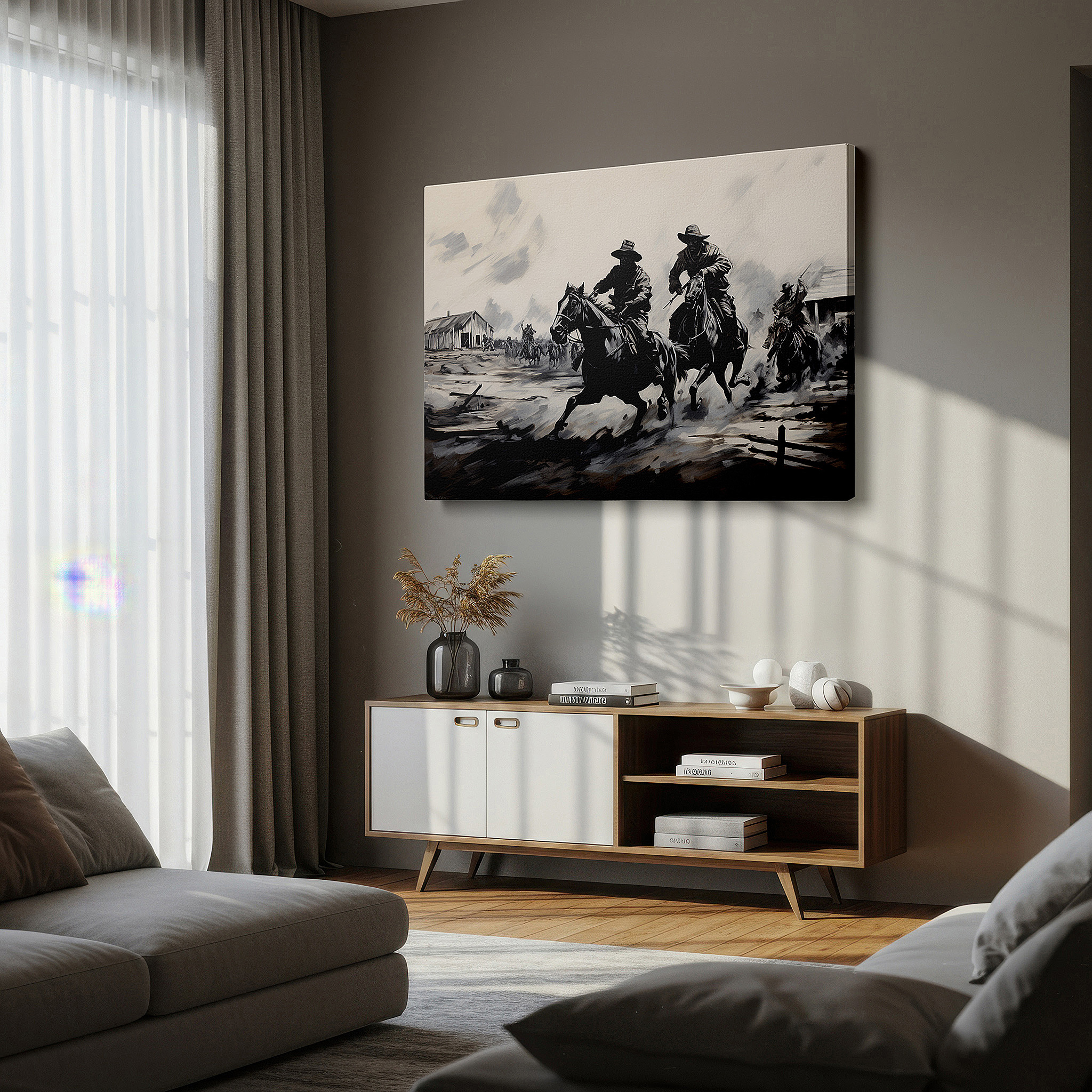 Mounted in a loft-style interior with exposed brick walls — elegant black and white horsemen charging across wild terrain - large canvas wall art for office and bedroom decor