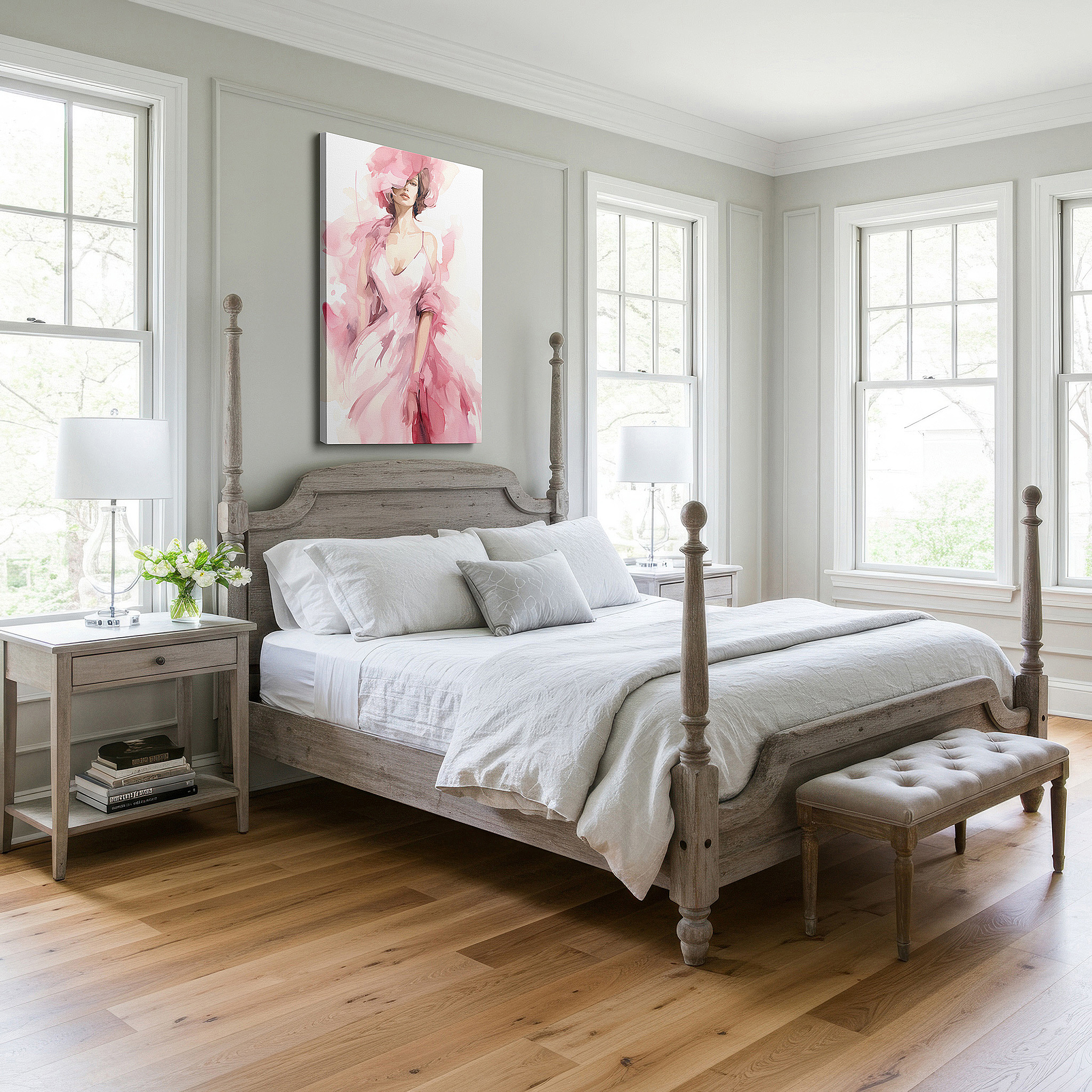 Mounted in a loft-style interior with exposed brick walls — elegant contemporary feminine style with a flowing pink gown large wall art, canvas wall art, wall decor for office, bedroom, and living room