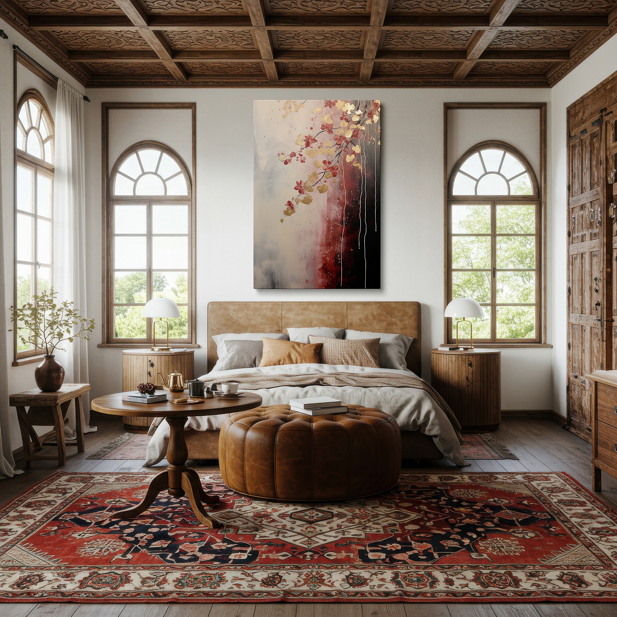 Mounted in a loft-style interior with exposed brick walls — elegant and modern large wall art featuring vibrant red flowers and gold highlights on a dual-toned canvas, perfect for office wall decor