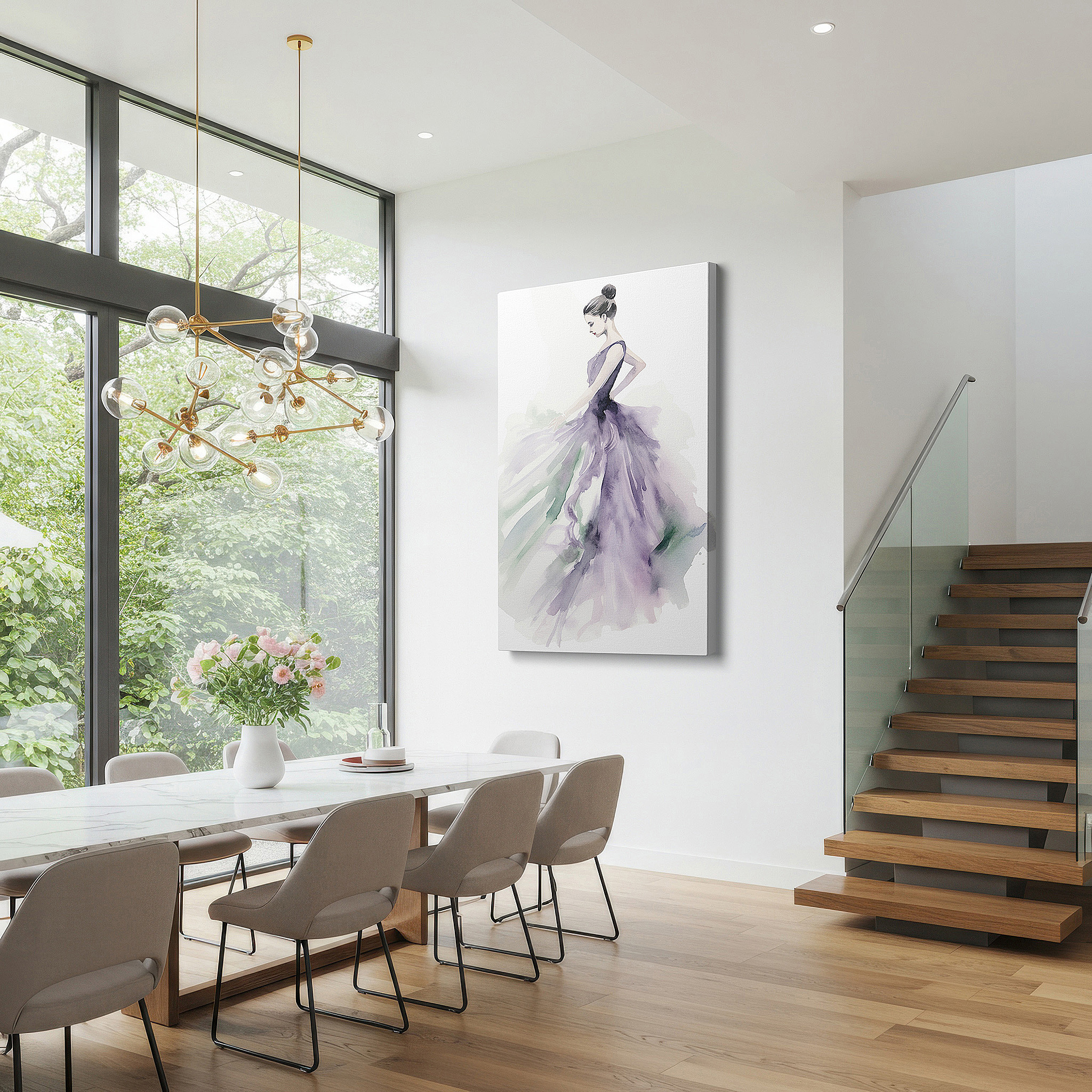 Mounted in a loft-style interior with exposed brick walls — elegant purple grace - watercolor light and shadow dance large wall art, canvas decor for office and bedroom