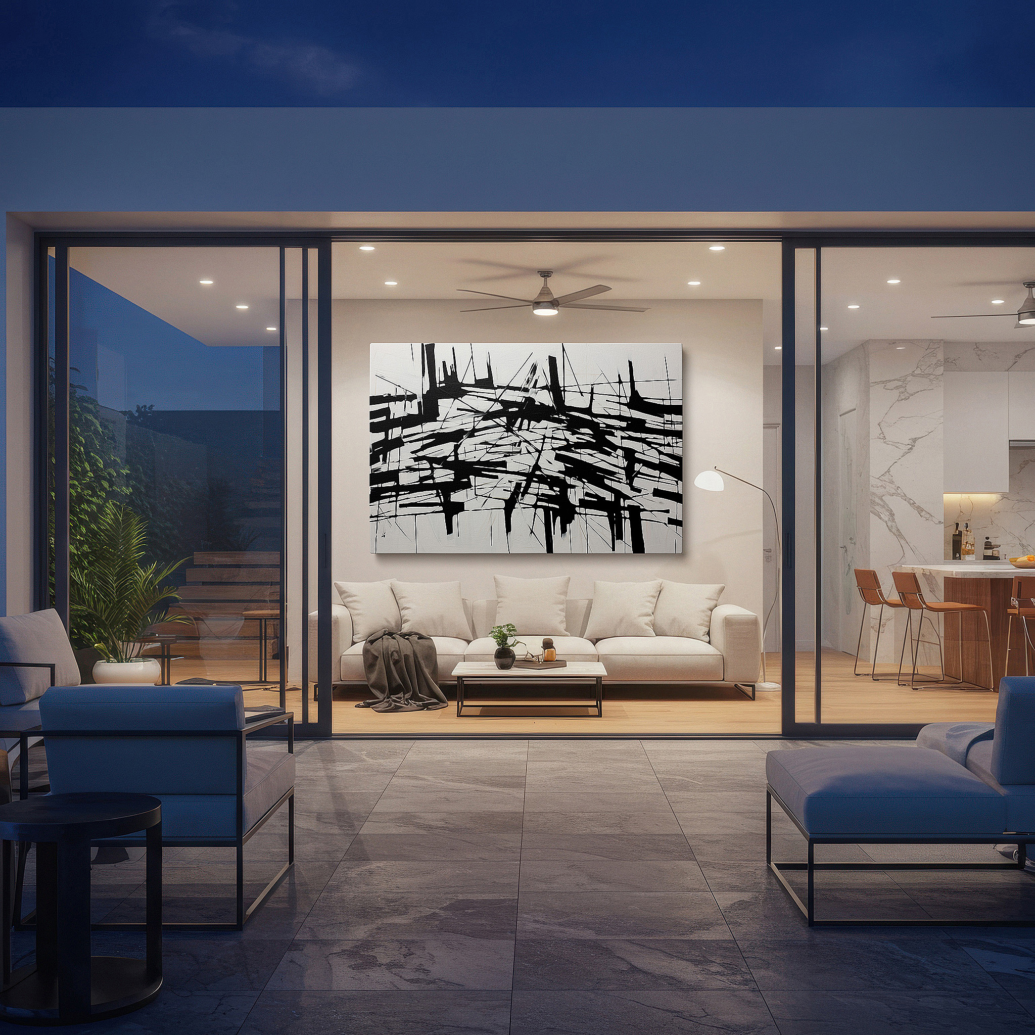 Mounted in a loft-style interior with exposed brick walls — emotional complexity in bold black and stark white: large wall art, canvas wall art, wall decor for office and bedroom