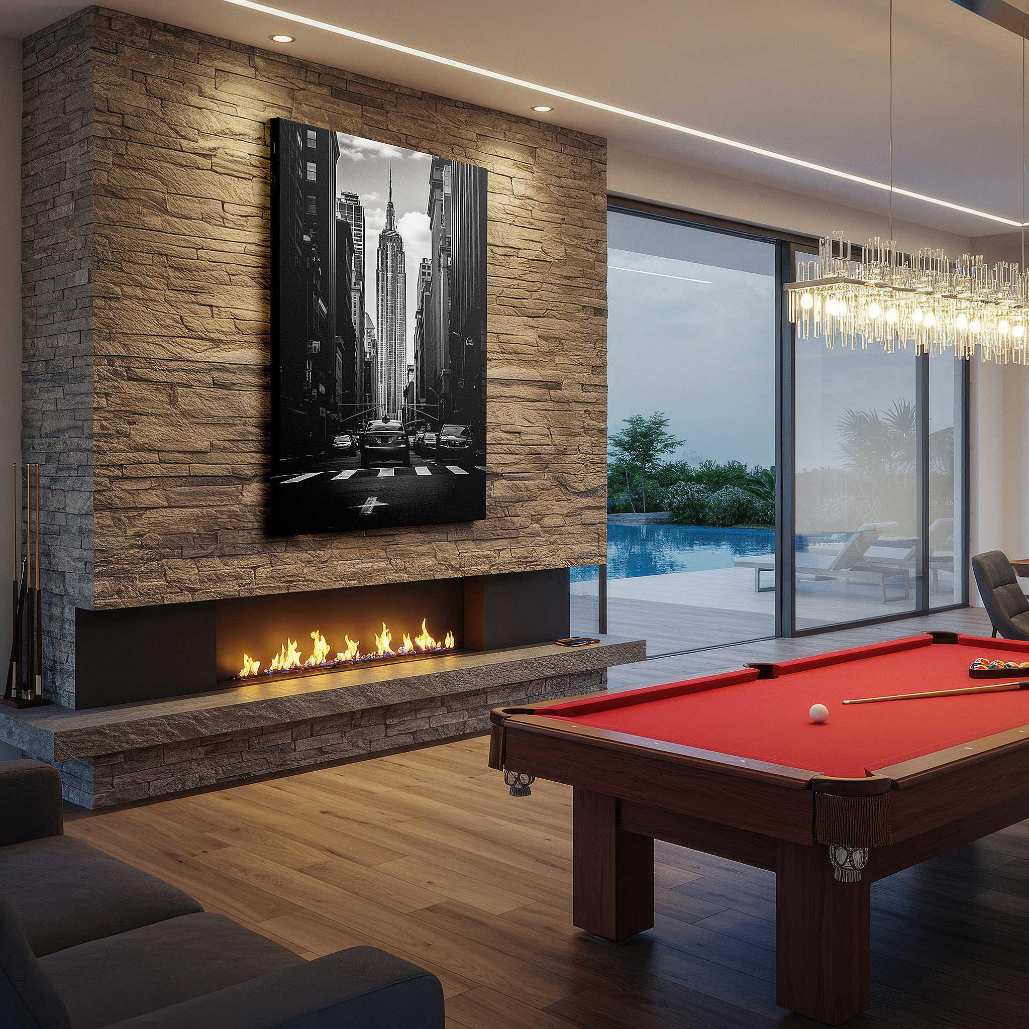 Mounted in a loft-style interior with exposed brick walls — empire state building: a grand emblem of urban aspiration and vibrant city living - large wall art, canvas wall art, wall decor for offices