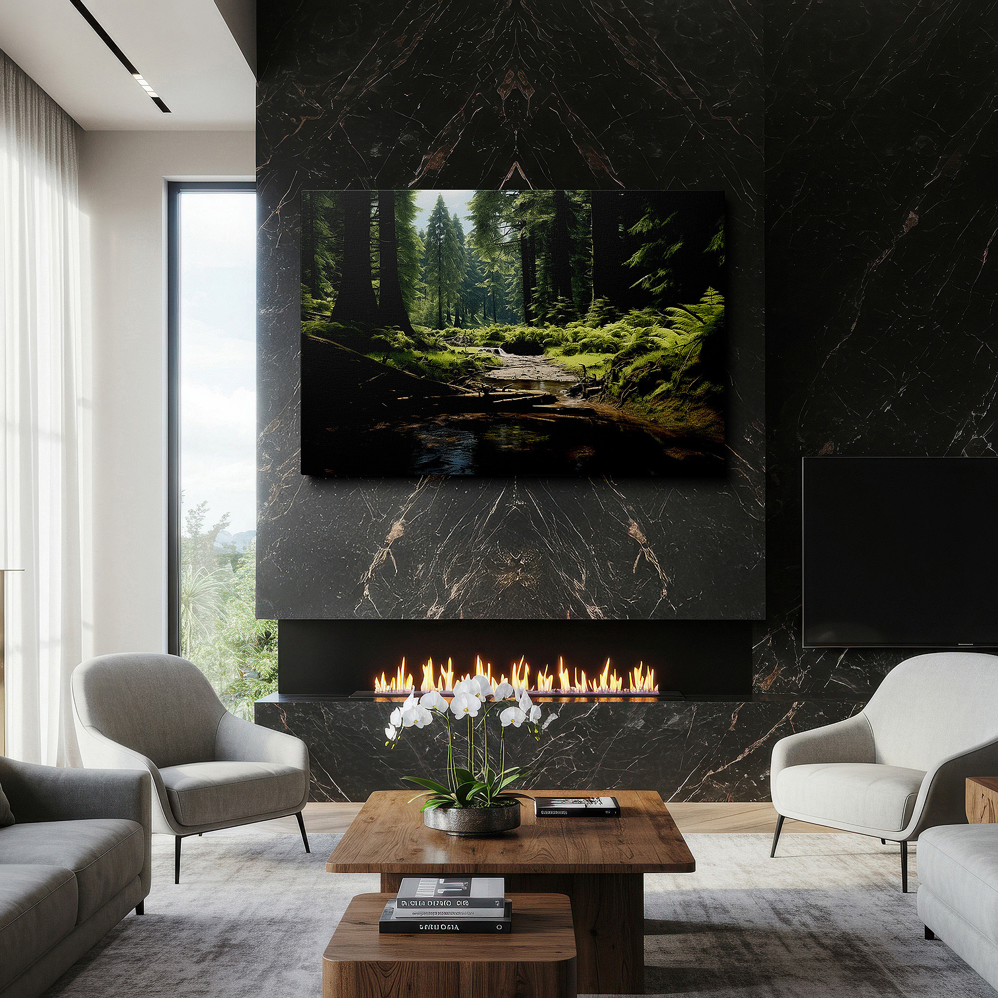 Mounted in a loft-style interior with exposed brick walls — enchanted forest landscape with sunlit trees and peaceful stream, large canvas wall art for home and office decor
