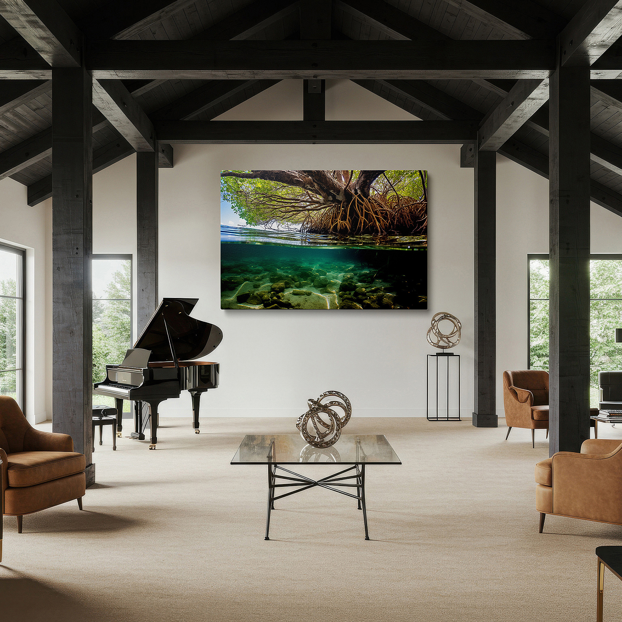 Mounted in a loft-style interior with exposed brick walls — enchanted mangrove realm - a vibrant blend of land and sea in emerald and earth tones, large wall art, canvas wall art, wall decor for office