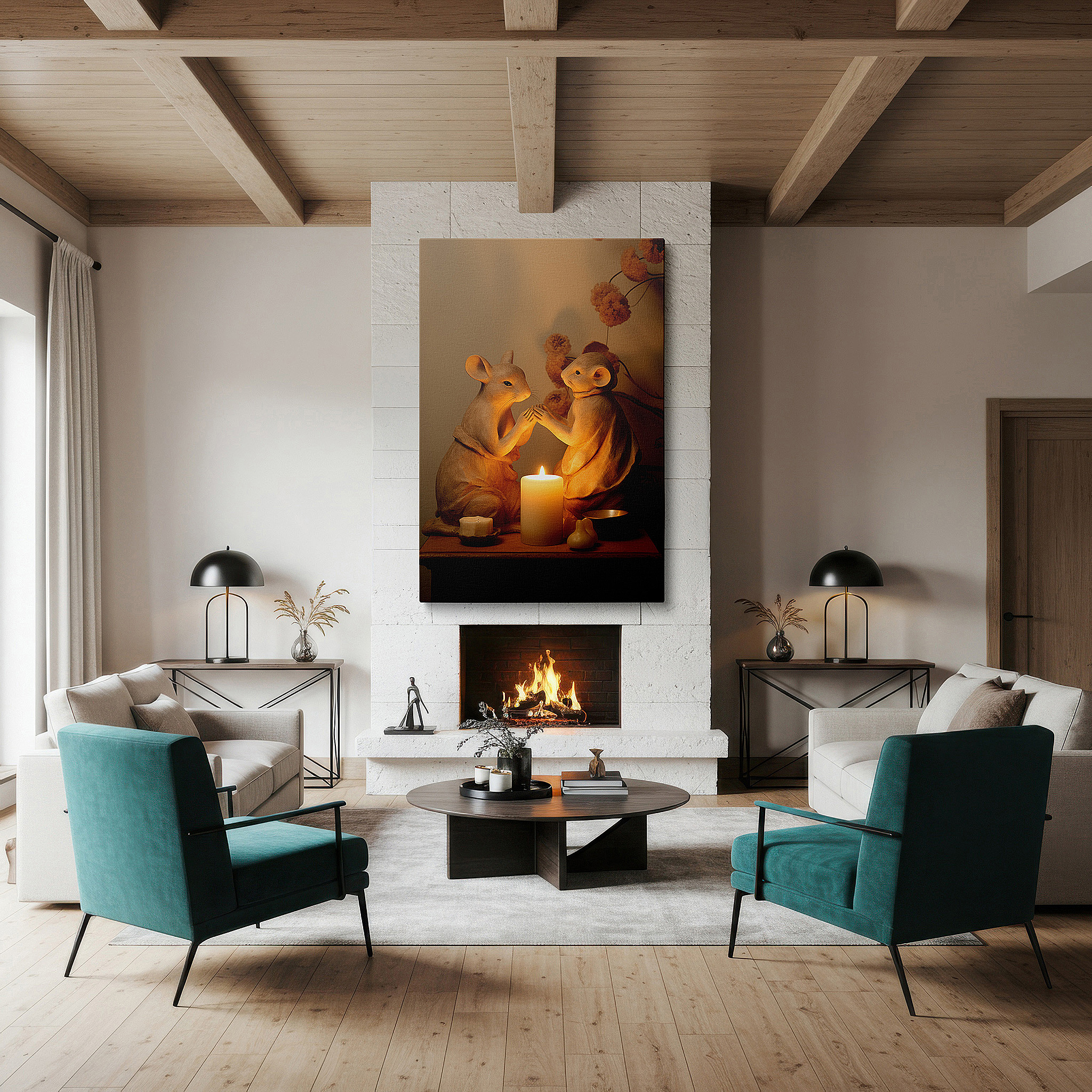 Mounted in a loft-style interior with exposed brick walls — enchanting mouse figurines in candlelight shadow play: whimsical large wall art, canvas decor for office and home