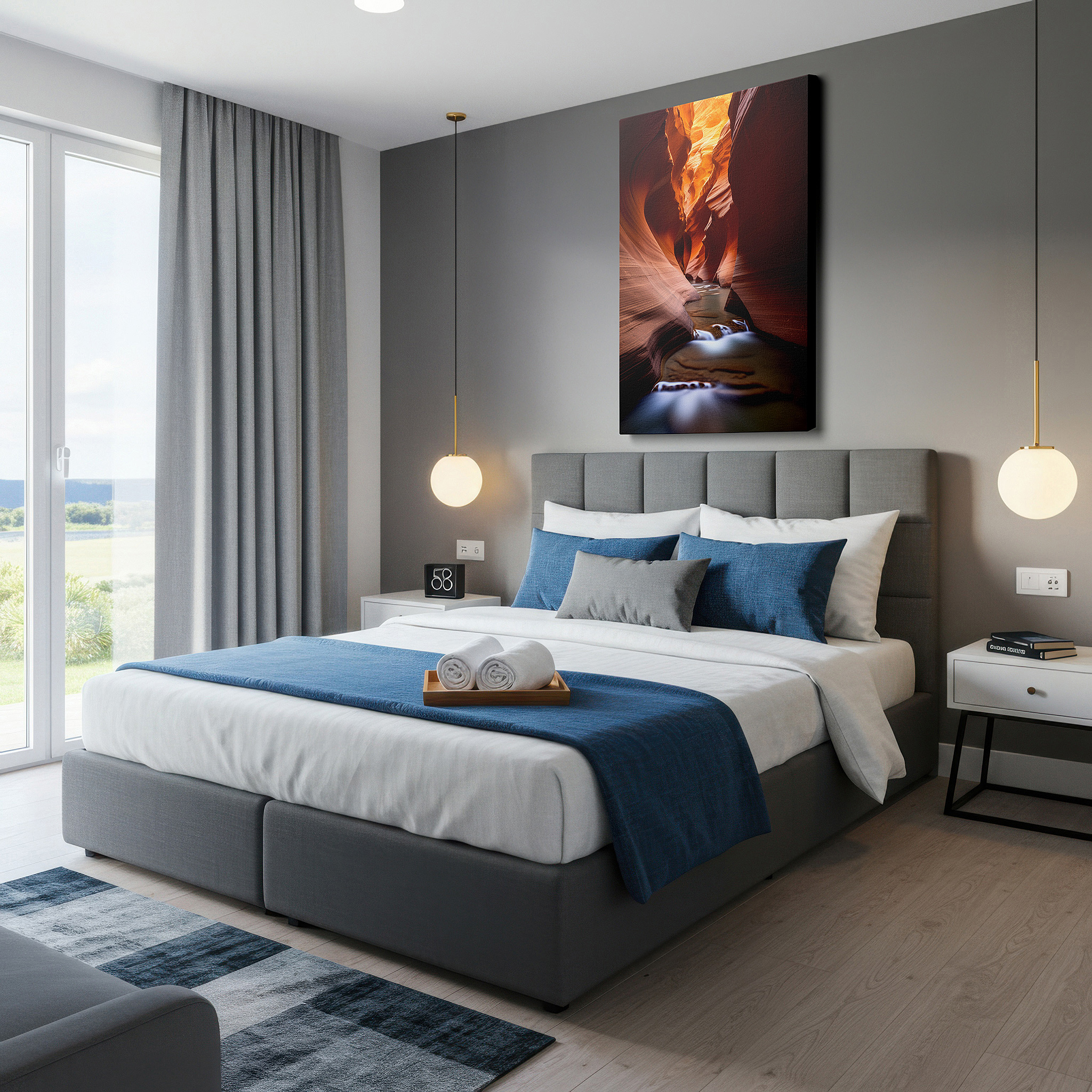 Mounted in a loft-style interior with exposed brick walls — enchanting play of light and shadows in nature's canyon - oversized wall art for office, bedroom, and living room decor