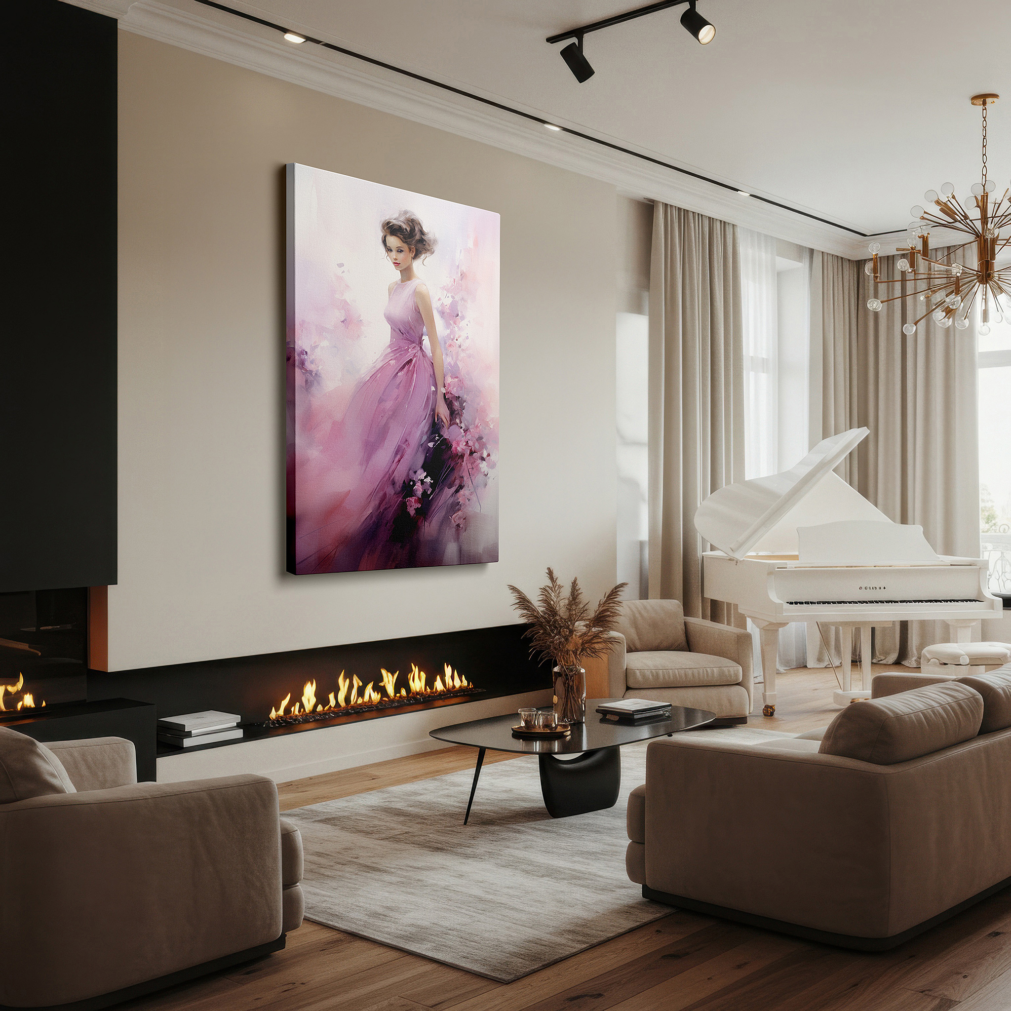 Mounted in a loft-style interior with exposed brick walls — "ethereal grace" - a tranquil fusion of femininity and nature in gentle pastel shades, large wall art, canvas wall art, wall decor for office and bedroom