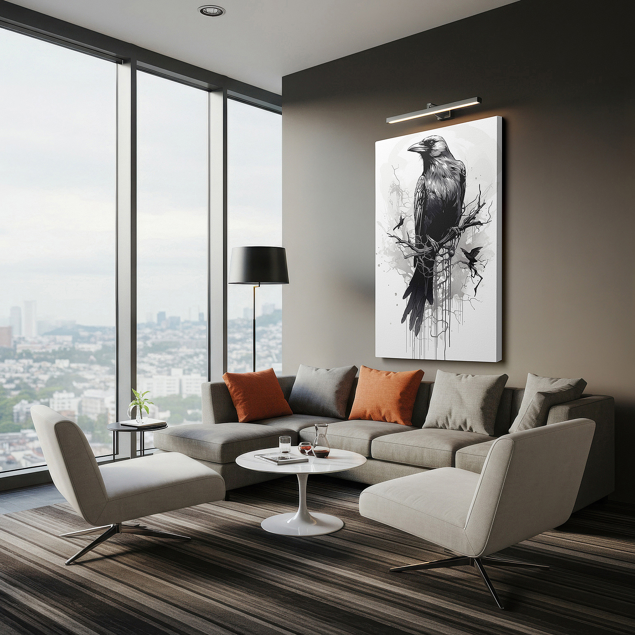 Mounted in a loft-style interior with exposed brick walls — exquisite black and white illustration of a detailed bird perched elegantly - large wall art, canvas wall art, wall decor for office