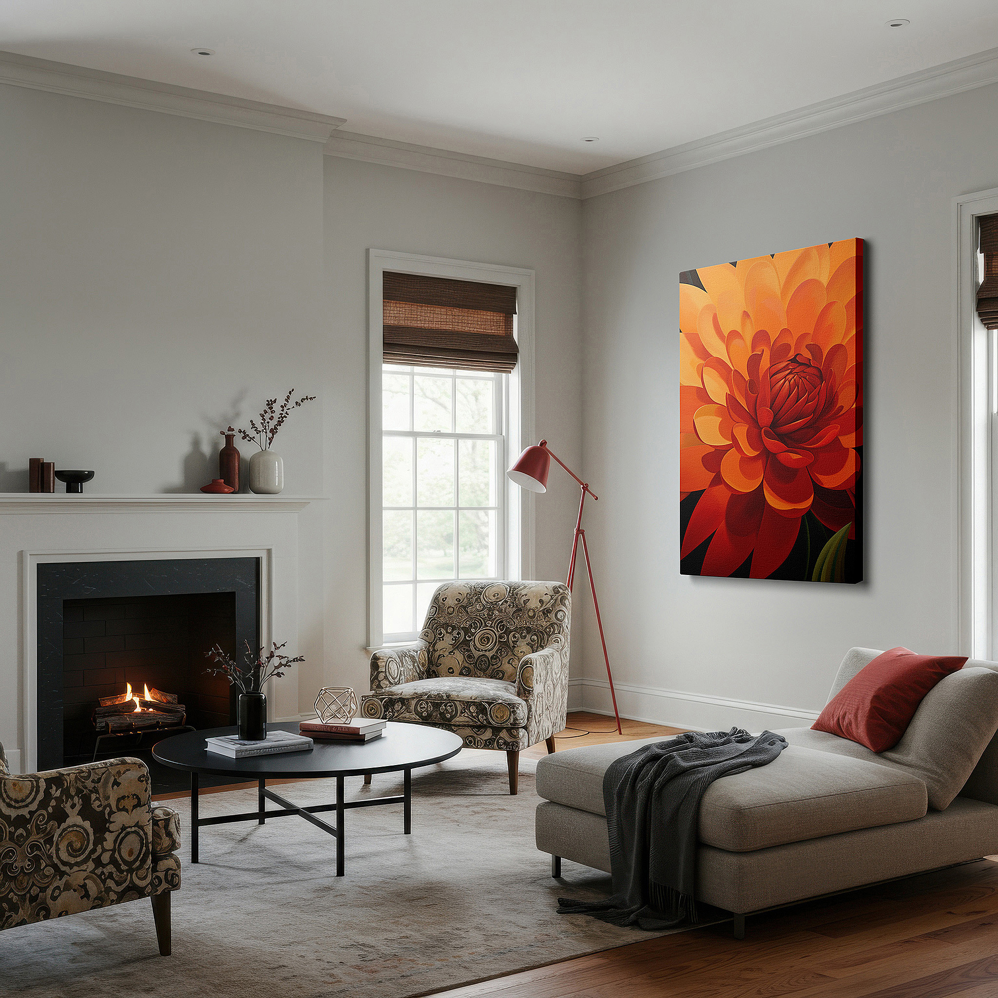 Mounted in a loft-style interior with exposed brick walls — exquisite orange flower artwork celebrating nature's beauty and detail - large canvas wall decor for offices