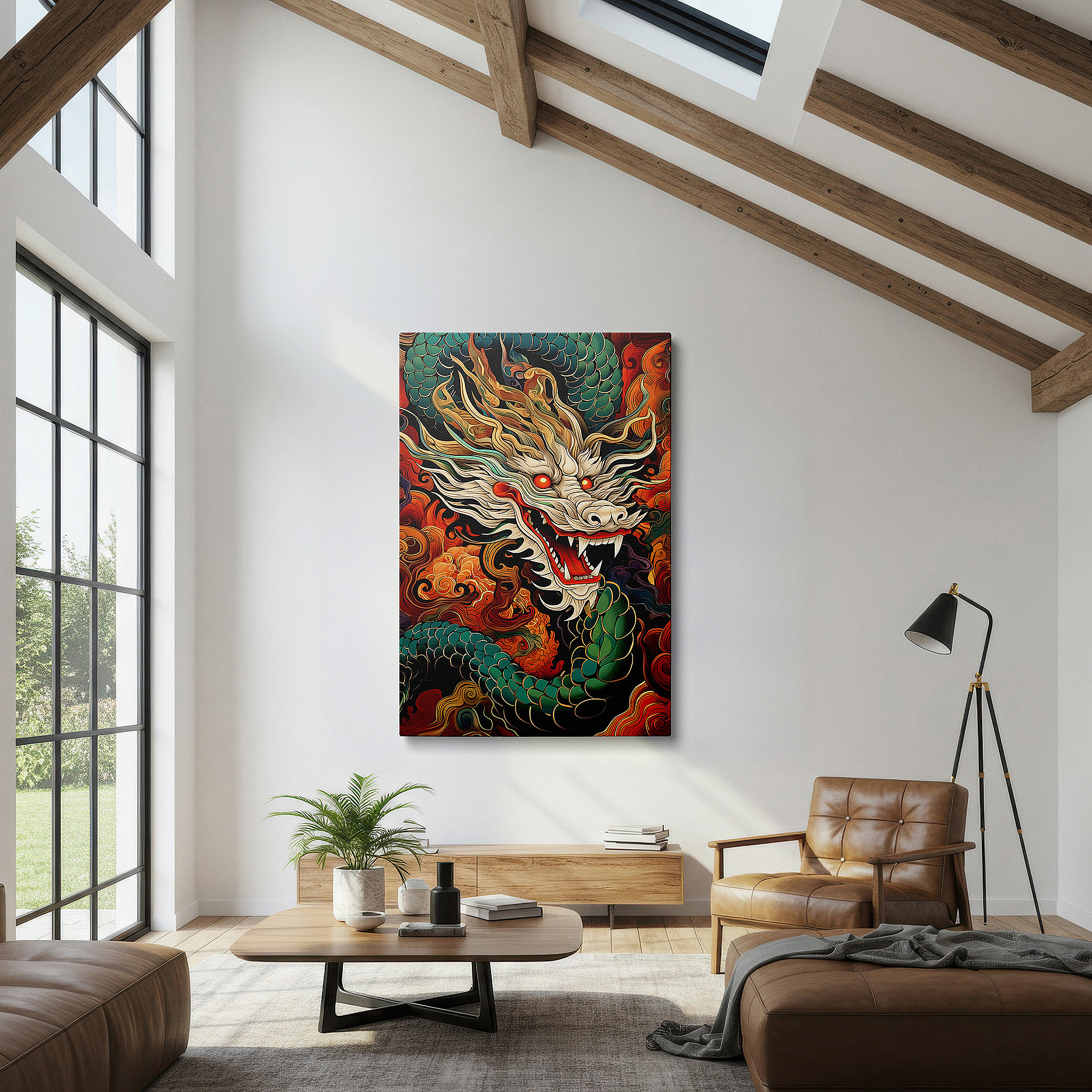 Mounted in a loft-style interior with exposed brick walls — fiery dragon in majestic whirlwind: eastern mythology and power-themed large canvas wall art for office decor