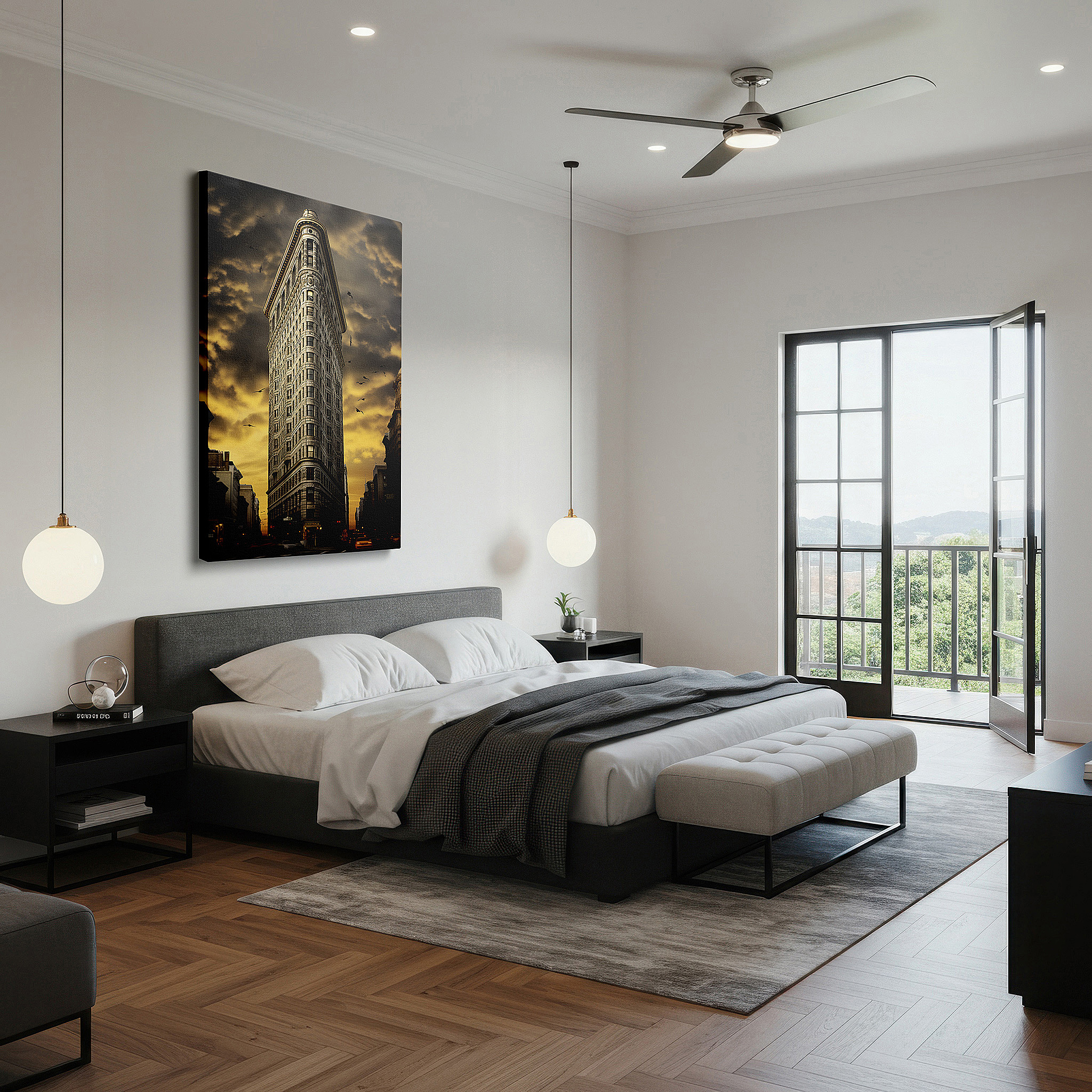 Mounted in a loft-style interior with exposed brick walls — flatiron building at sunset: a tribute to new york's architectural grandeur - large canvas wall art for office decor