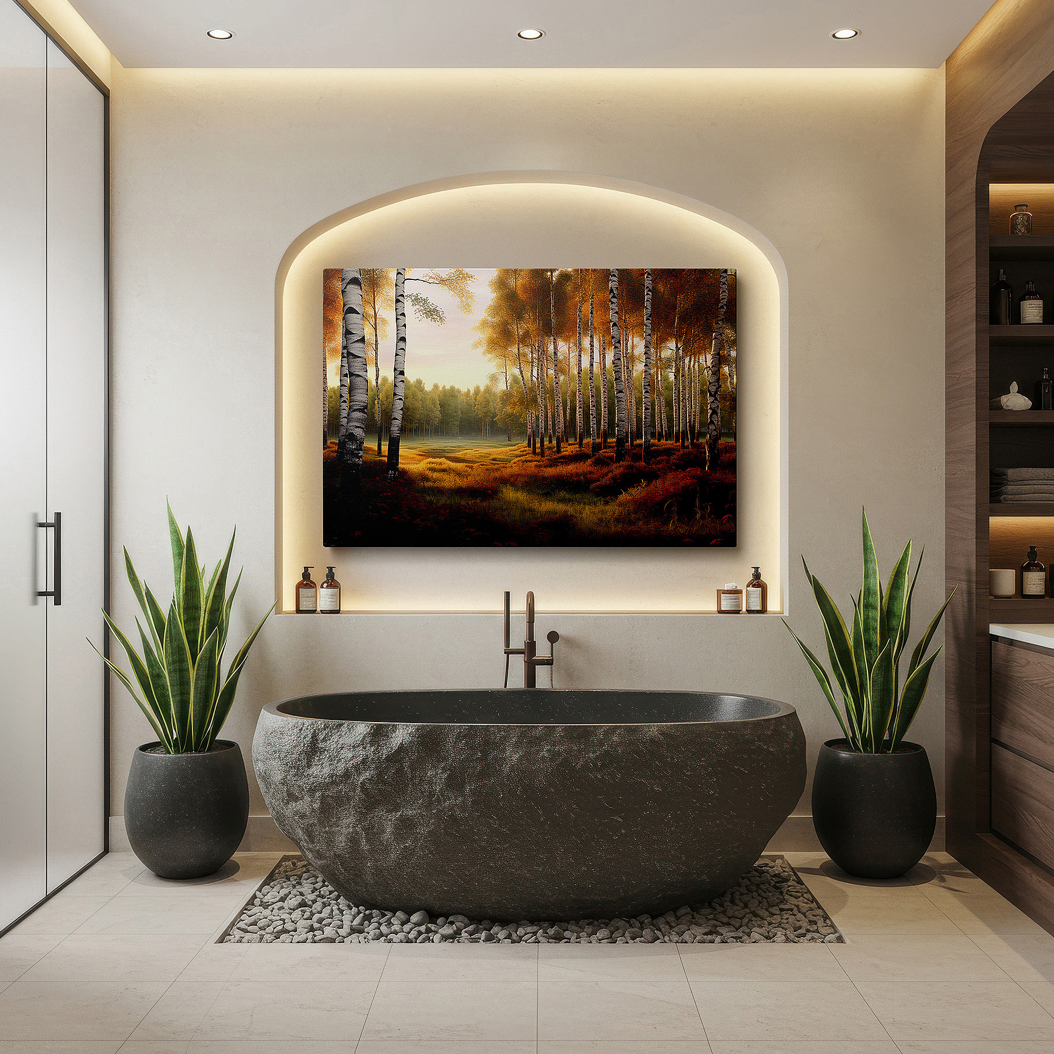 Mounted in a loft-style interior with exposed brick walls — golden birch trees in a peaceful autumn meadow: large canvas wall art for office, bedroom, and living room decor