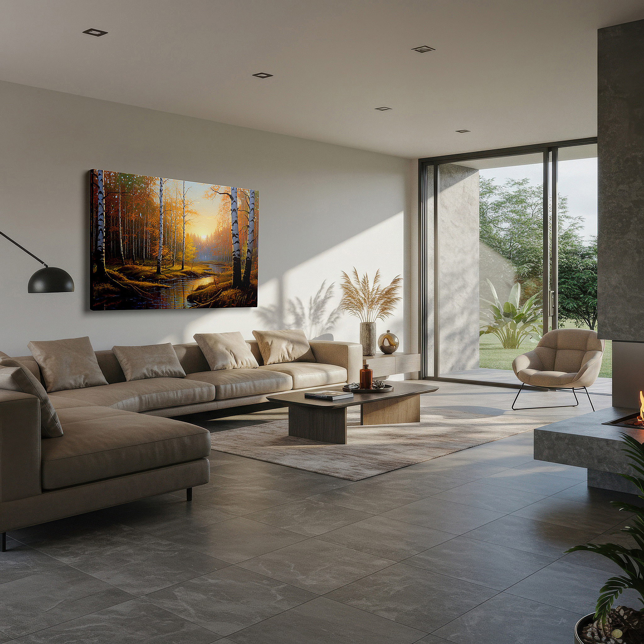 Mounted in a loft-style interior with exposed brick walls — golden hour glow over tranquil birch forest with fiery autumn leaves reflecting in a serene stream - large canvas wall art