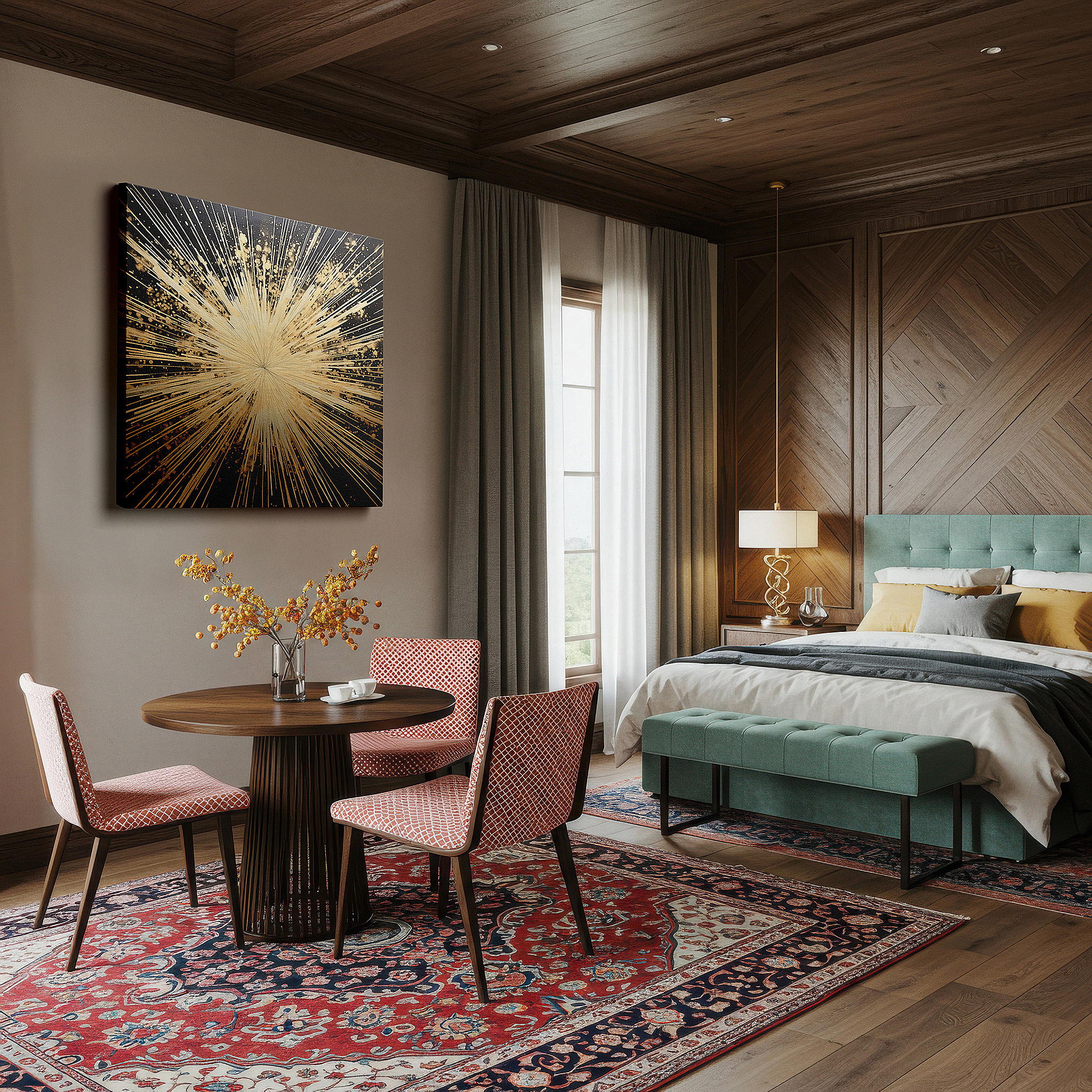 Mounted in a loft-style interior with exposed brick walls — golden splashes on a dark textured background large wall art, canvas wall art, wall decor for office and bedroom