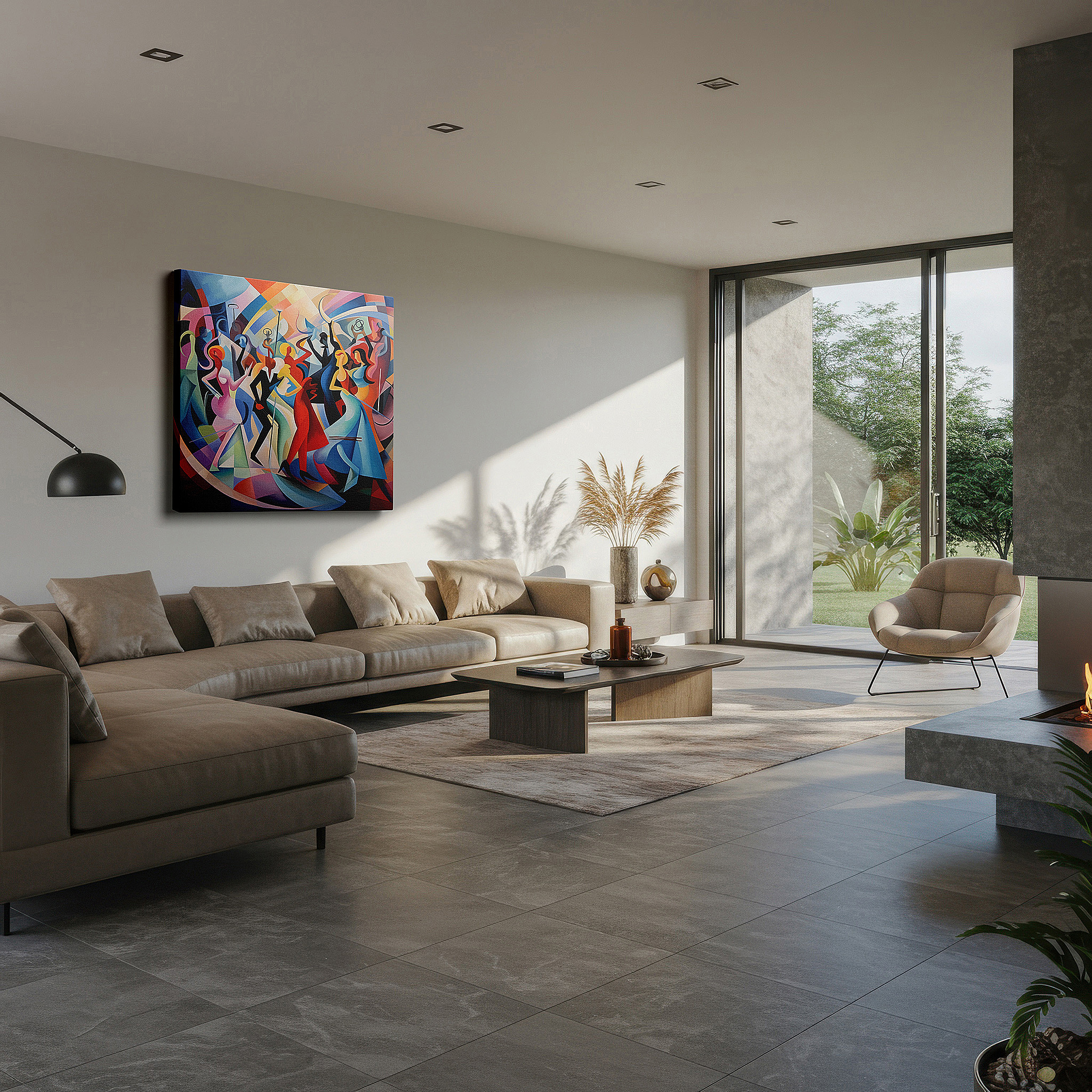 Mounted in a loft-style interior with exposed brick walls — joyful abstract dance large canvas wall art in vibrant reds, blues, and whites for office and bedroom decor
