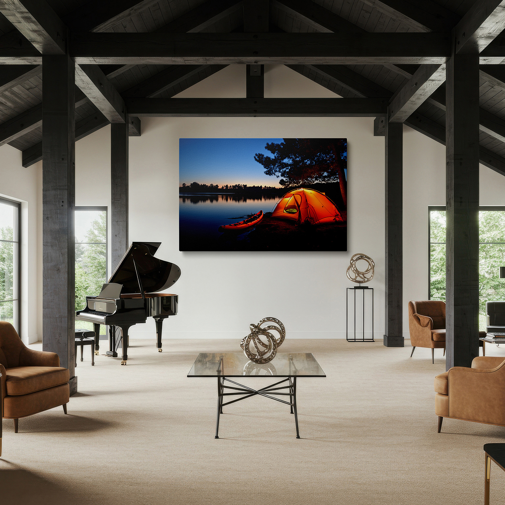 Mounted in a loft-style interior with exposed brick walls — lakeside twilight serenity: glowing tent and resting kayak large canvas wall art for office and bedroom decor