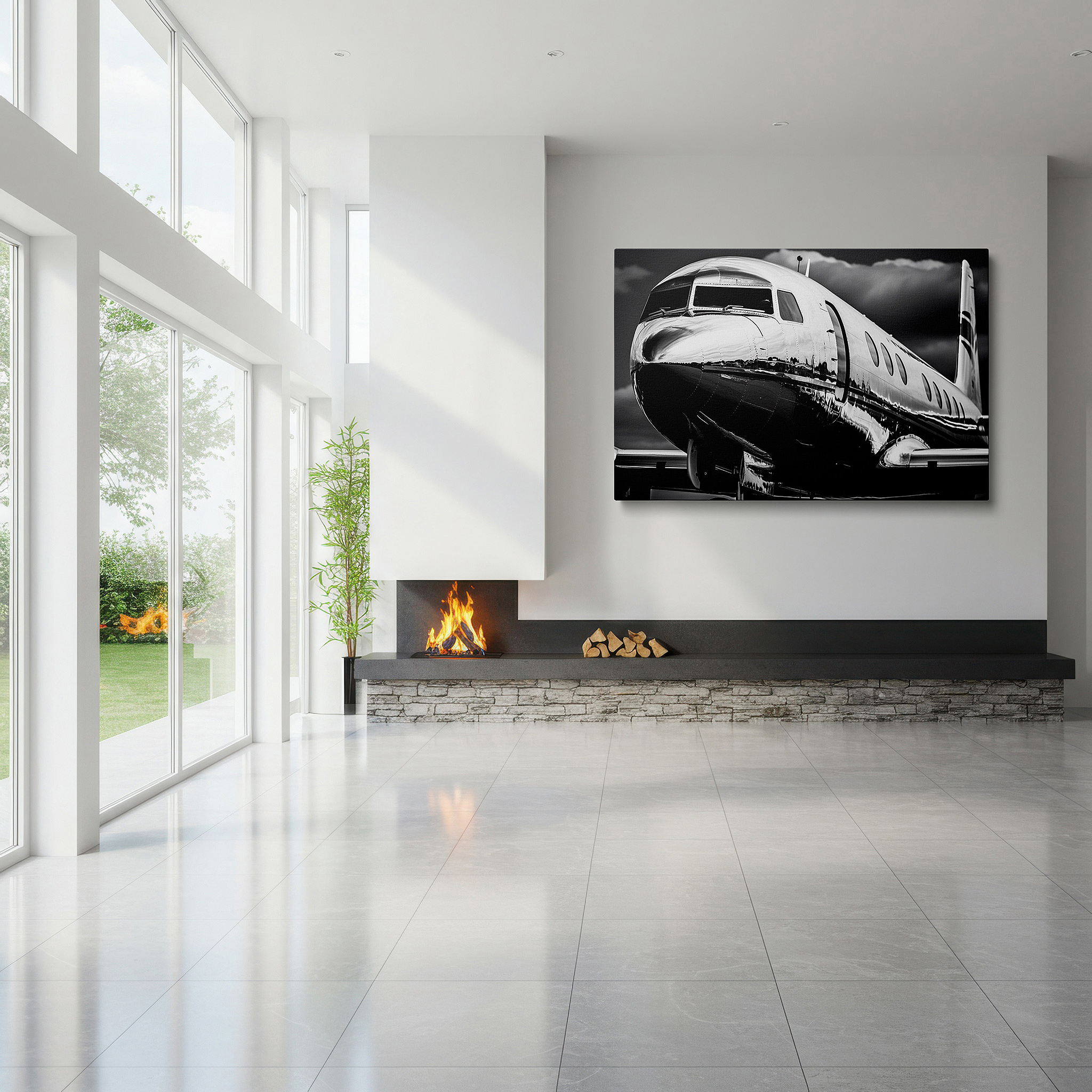 Mounted in a loft-style interior with exposed brick walls — luxurious silver jet soaring through swirling clouds - high-end travel themed large wall art, canvas decor for office