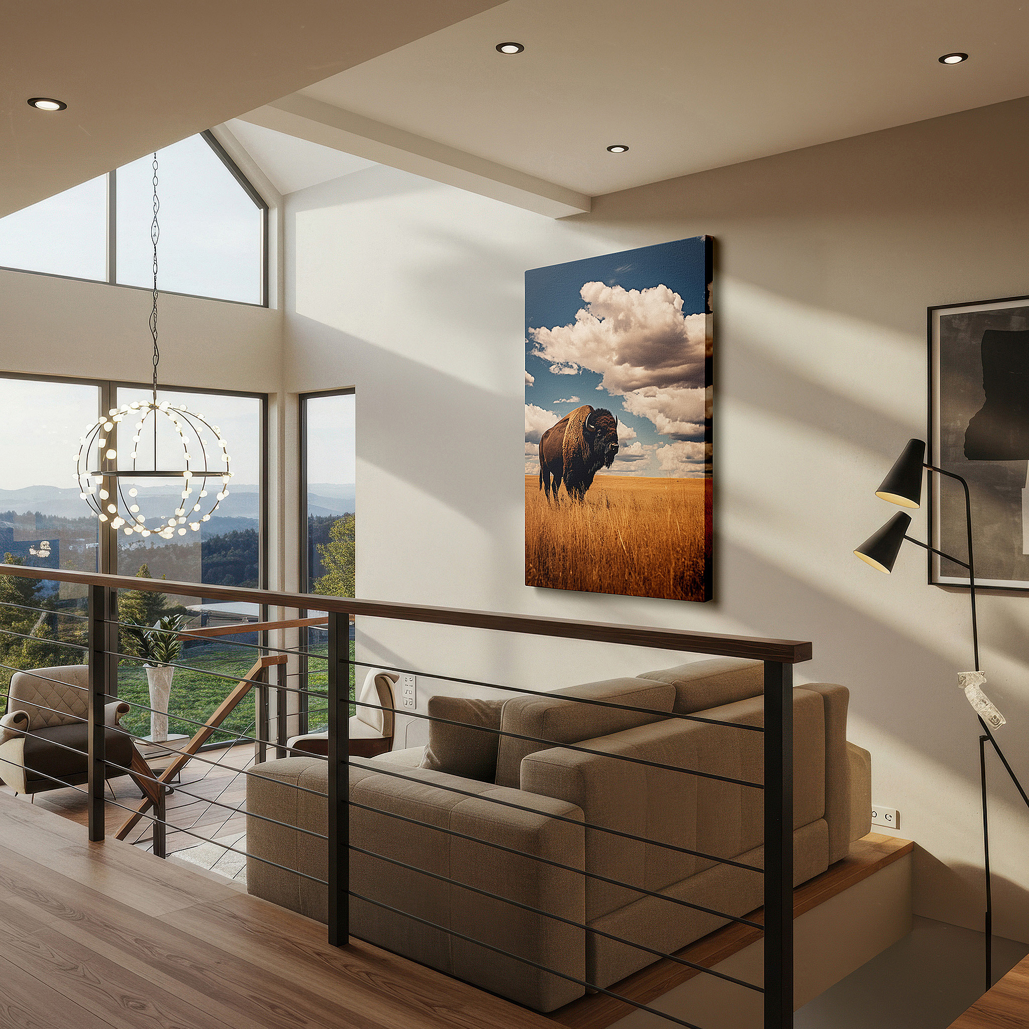 Mounted in a loft-style interior with exposed brick walls — majestic bison on golden prairie under expansive blue sky - large canvas wall art for office, bedroom, and living room decor