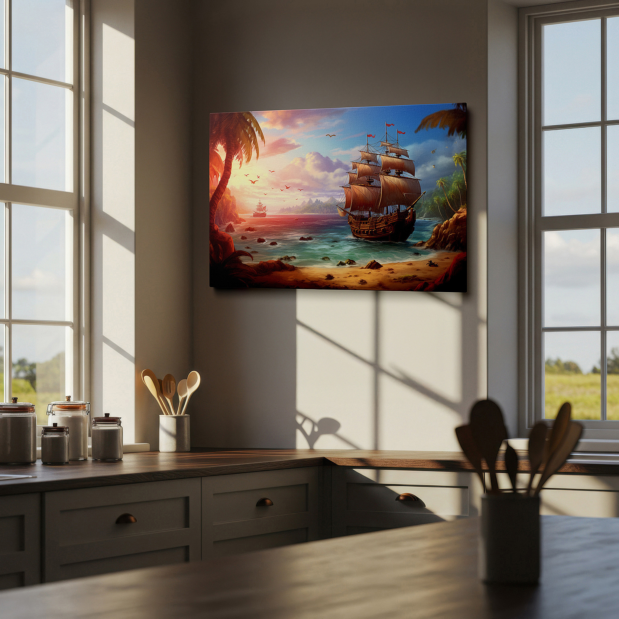 Mounted in a loft-style interior with exposed brick walls — majestic sailing ship at sunset canvas print, navigating tropical waters under golden skies, large wall decor for office and bedroom