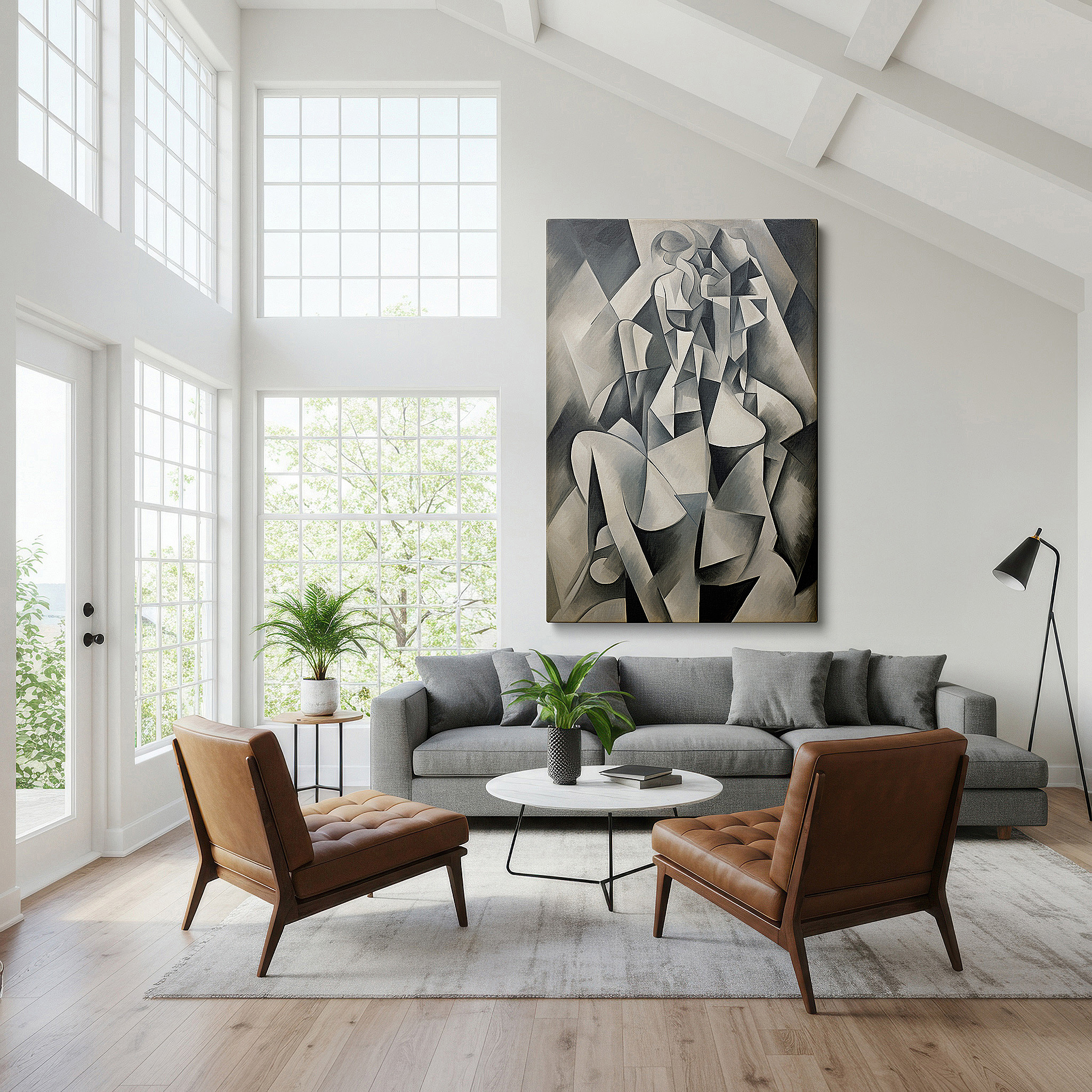 Mounted in a loft-style interior with exposed brick walls — masterful black and white cubist artwork, conveying emotional depth and dynamic interaction, ideal for large wall spaces, canvas wall art, office decor