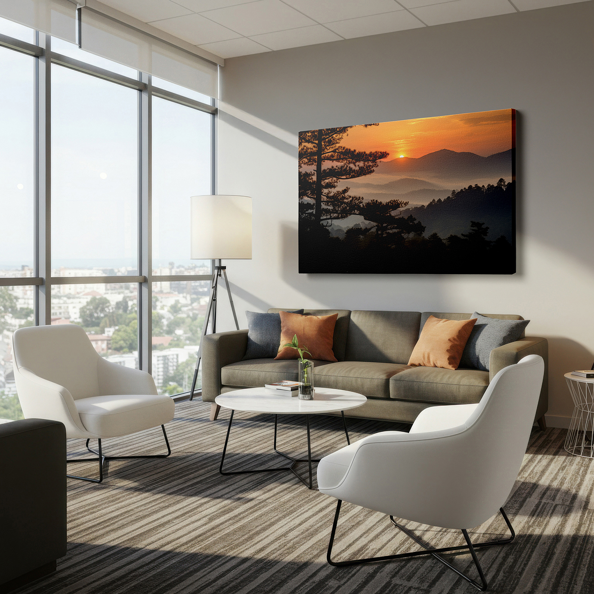 Mounted in a loft-style interior with exposed brick walls — misty mountain sunset glow, majestic pine-framed radiant skies, large canvas wall art for office and bedroom decor