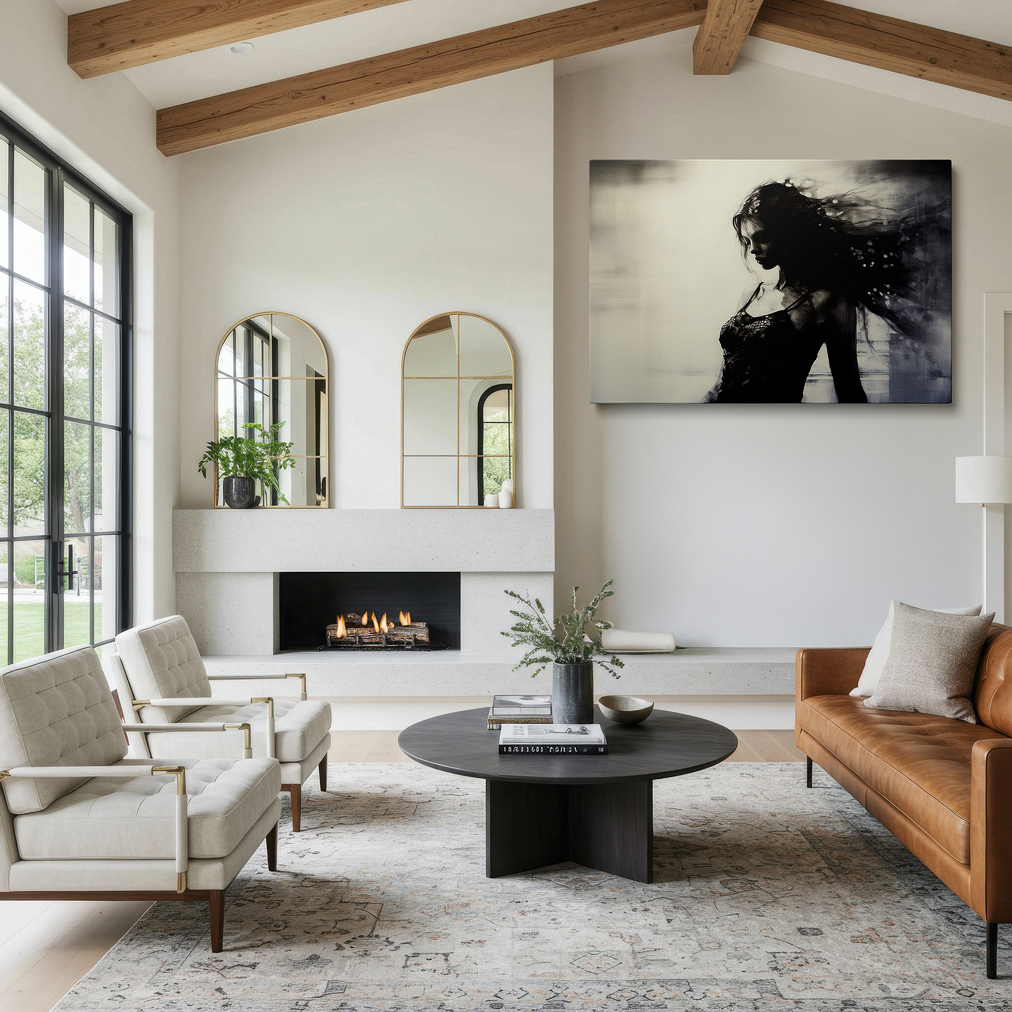 Mounted in a loft-style interior with exposed brick walls — monochromatic essence of femininity: timeless light and shadow interplay, large canvas wall art for office decor